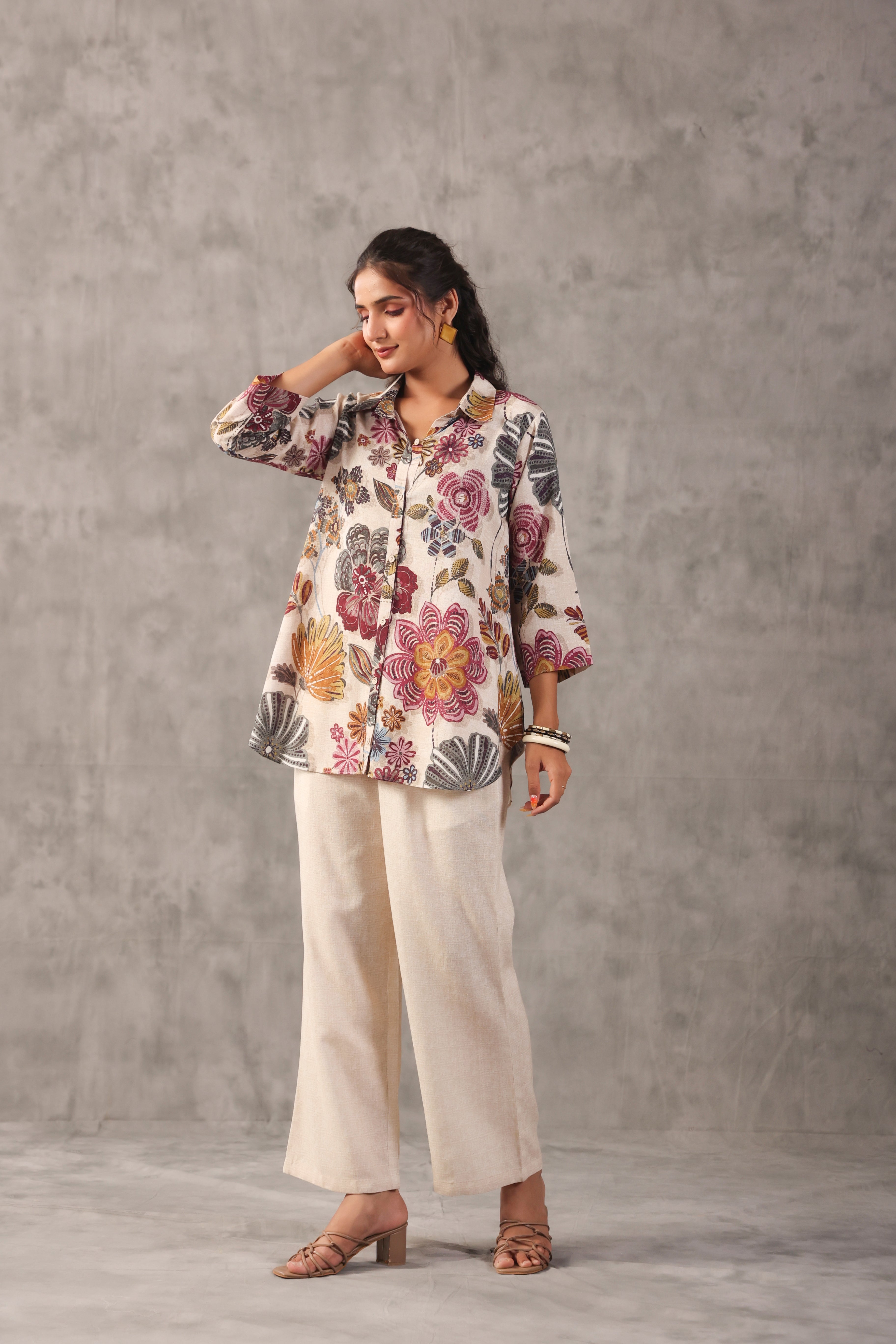 Oatmeal Mauve Printed Linen Co-Ord Set