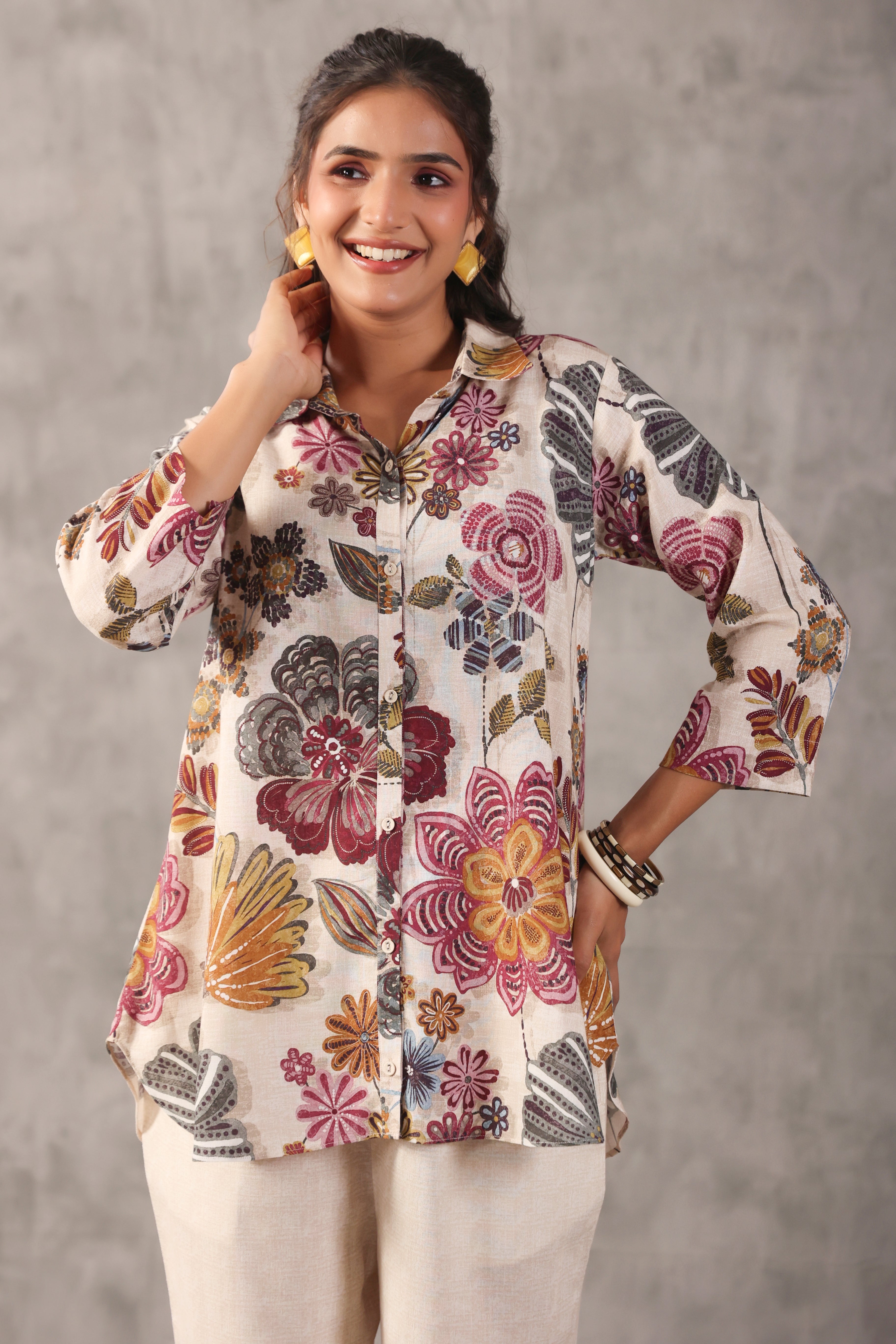 Oatmeal Mauve Printed Linen Co-Ord Set