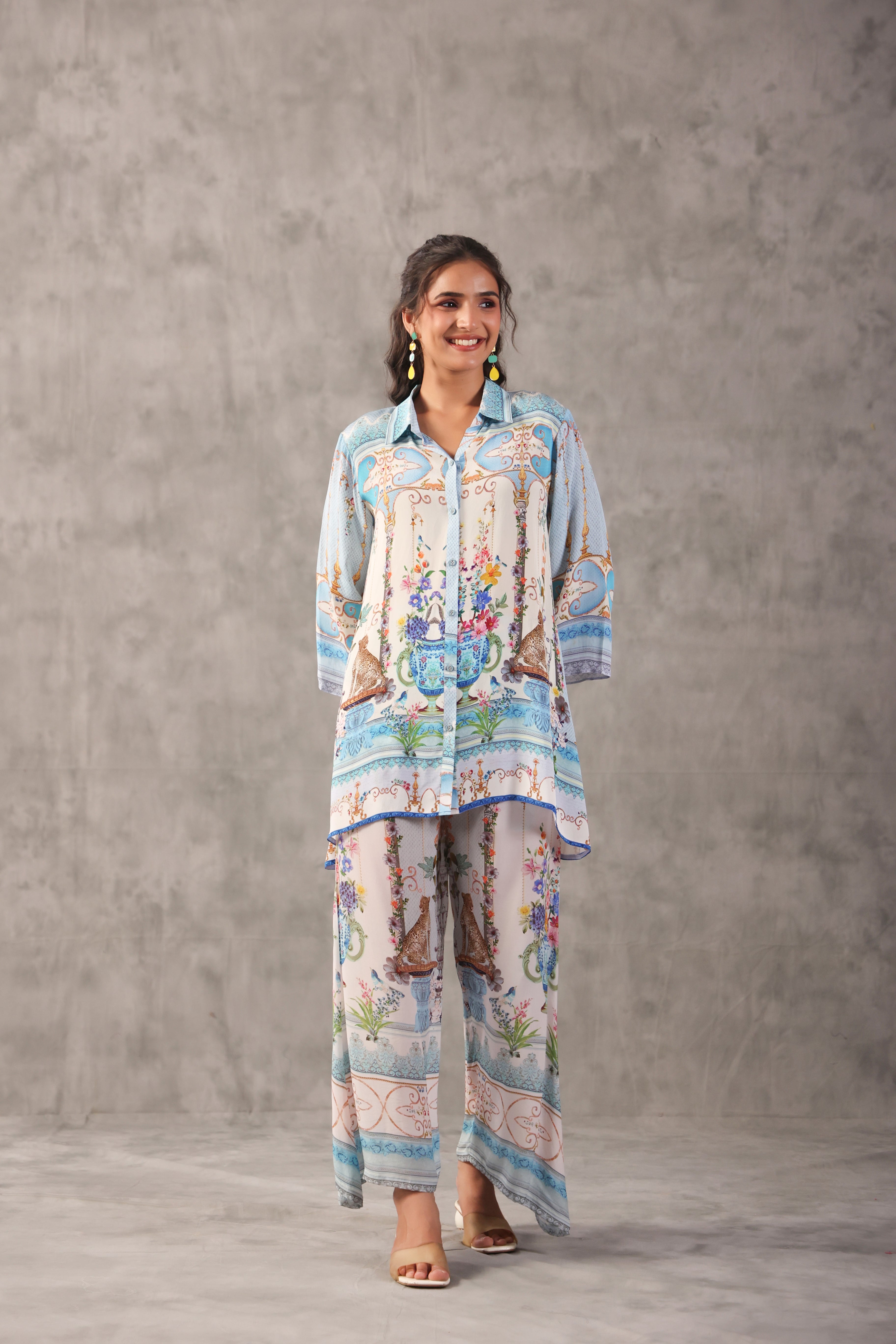 Sky Blue Vase Printed Crepe Silk Co-Ord Set