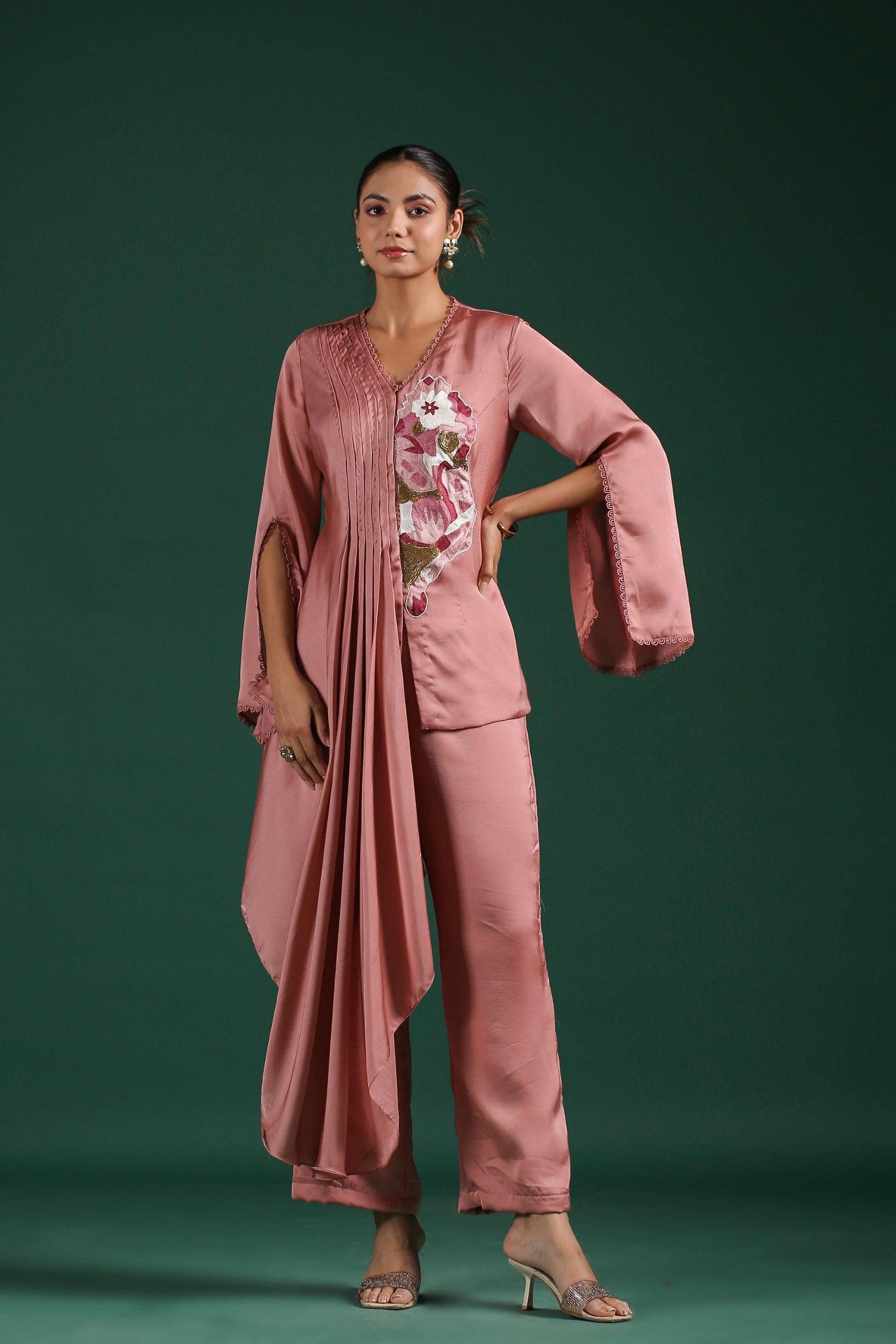 Rosewood Pink Embroidered Mulberry Silk Co-Ord Set