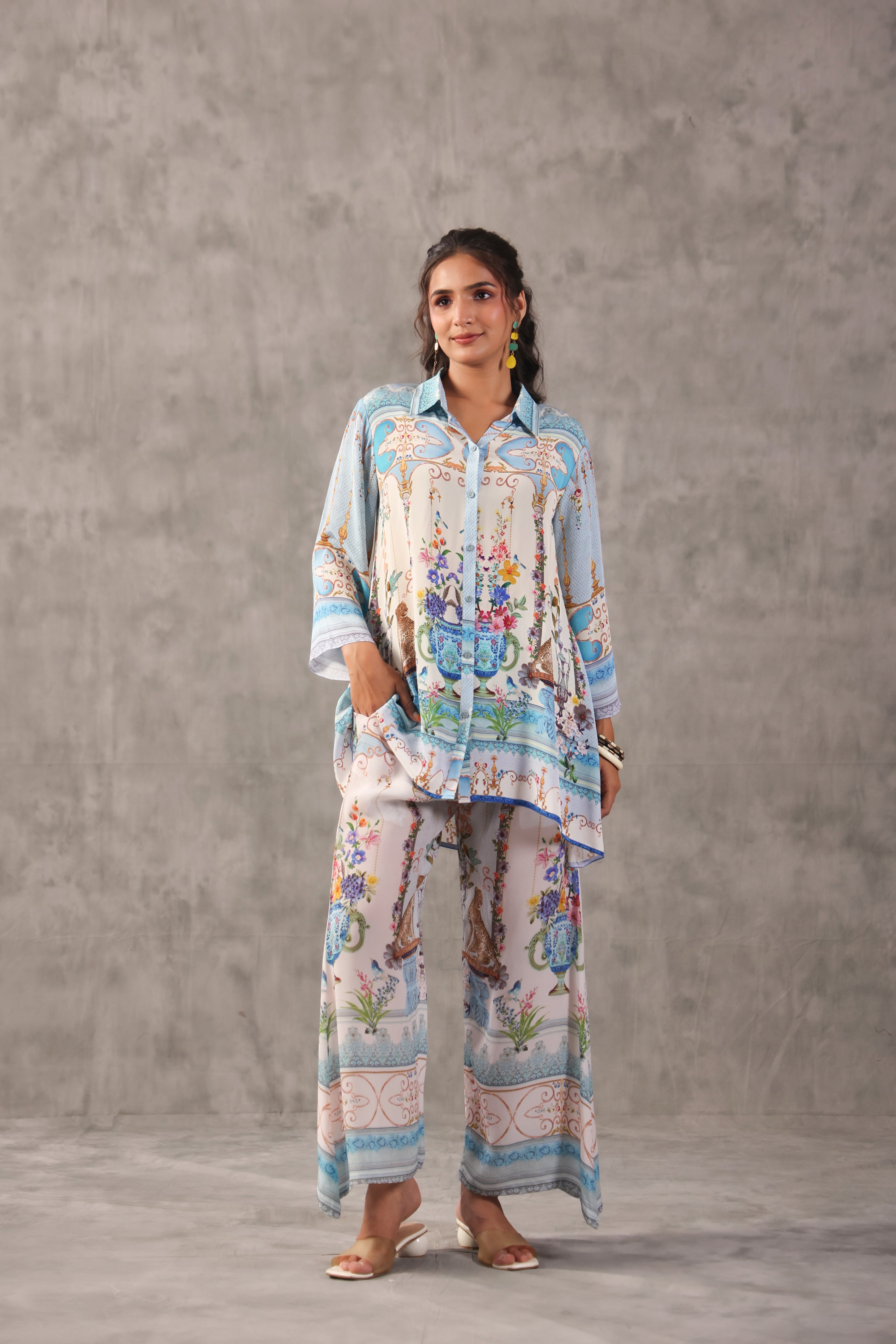 Sky Blue Vase Printed Crepe Silk Co-Ord Set