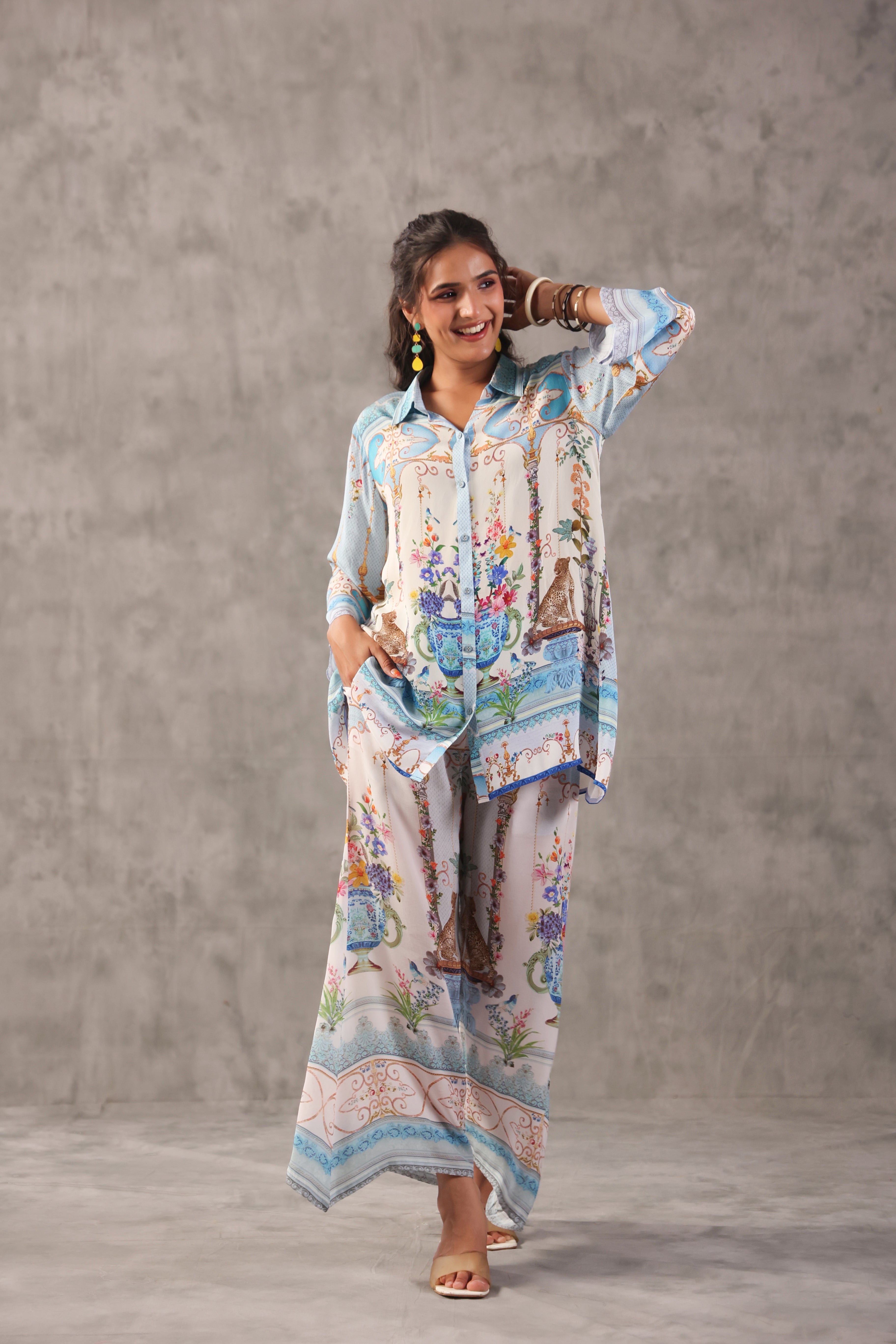 Sky Blue Vase Printed Crepe Silk Co-Ord Set