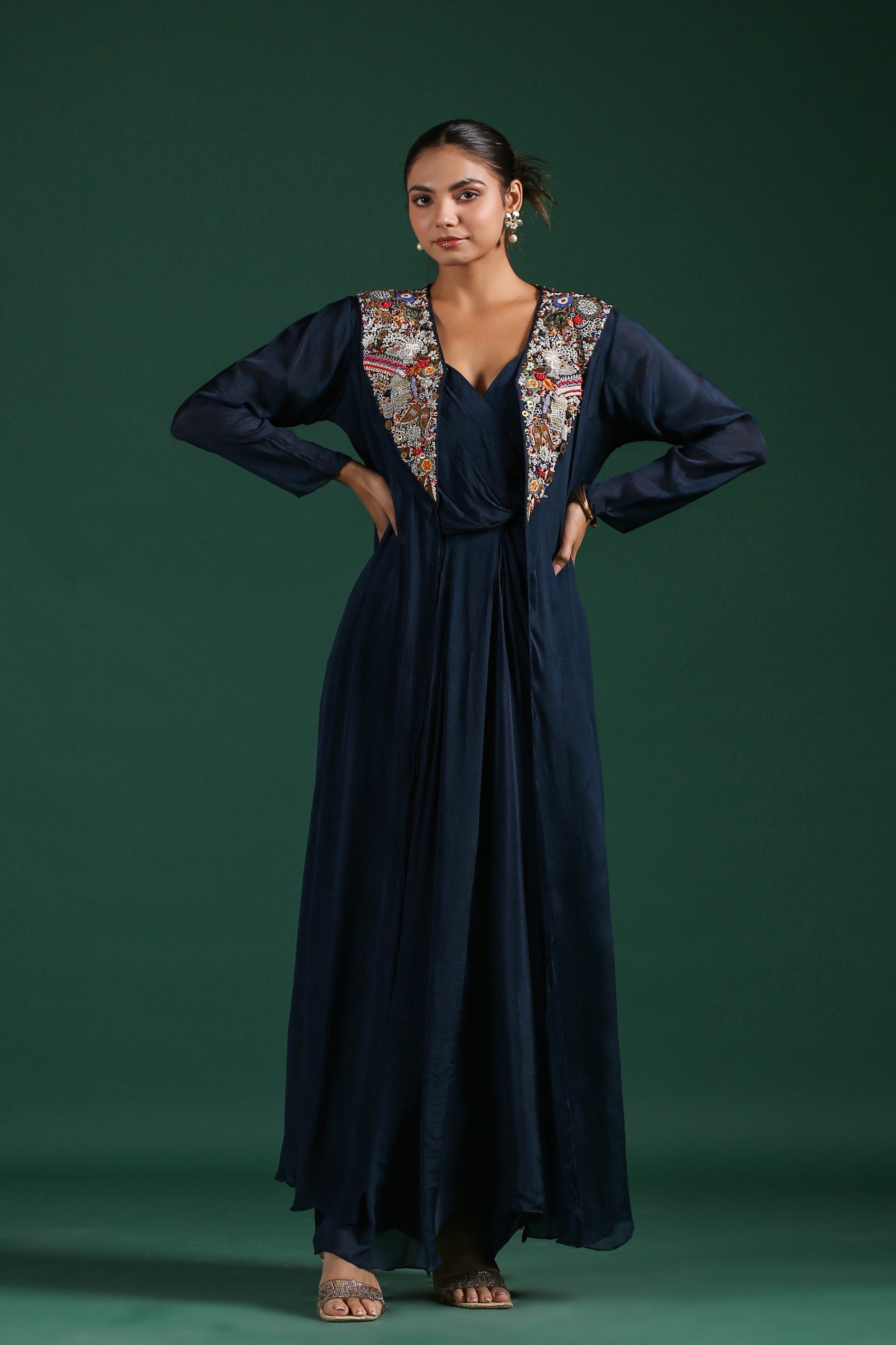 Deep Blue Embroidered Premium Chinon Silk Cape Dress