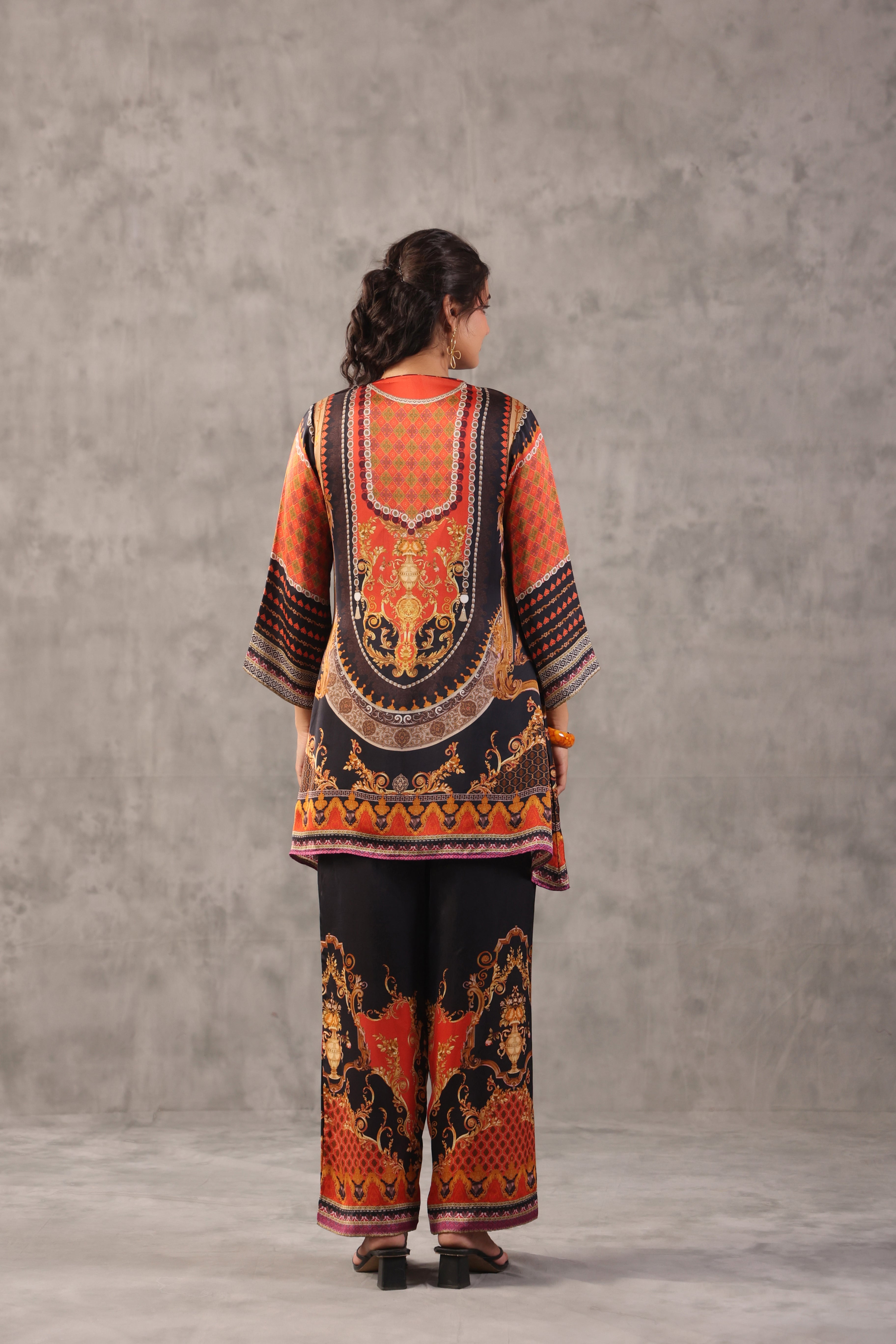 Noir Tangerine Printed Modal Satin Silk Co-Ord Set