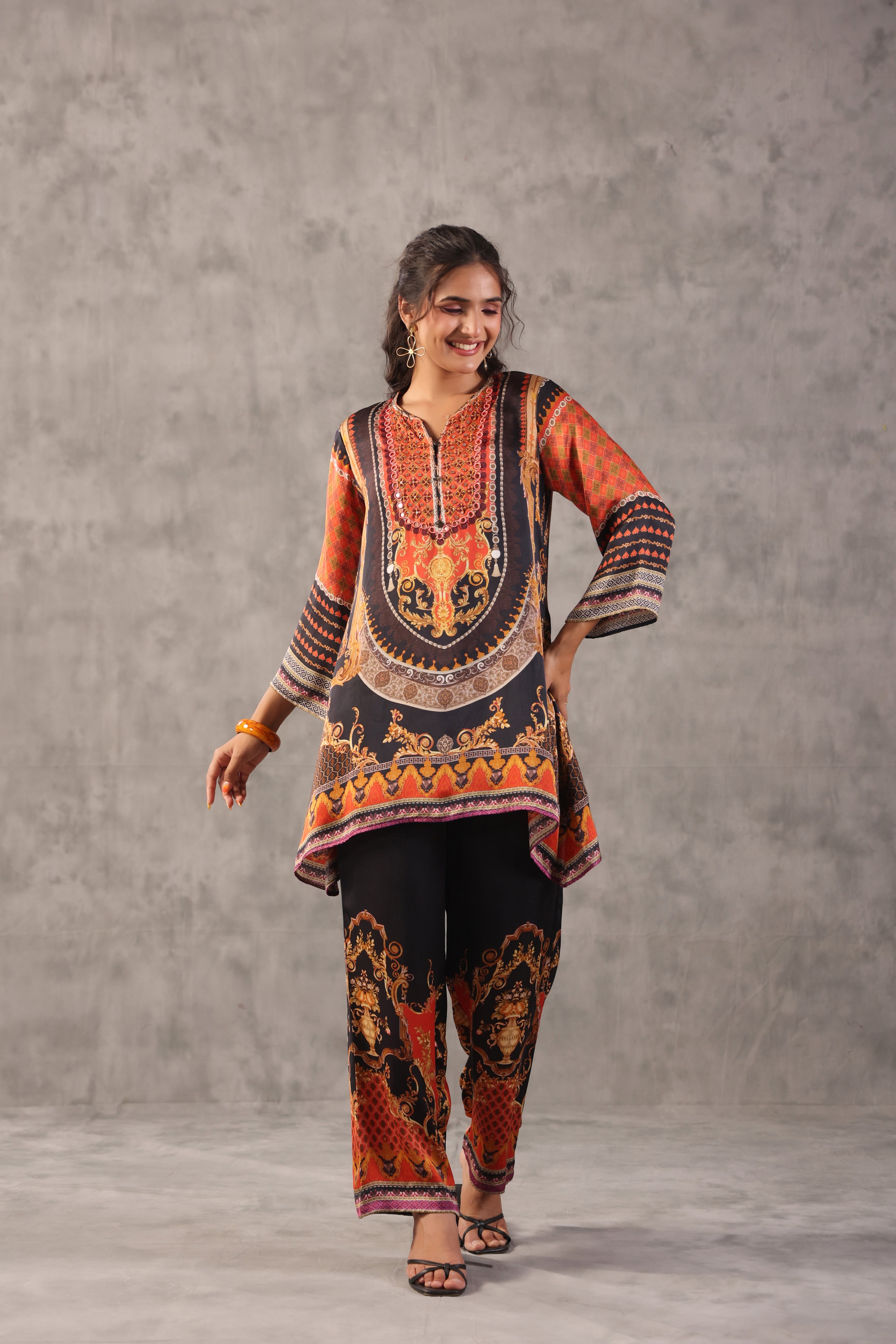 Noir Tangerine Printed Modal Satin Silk Co-Ord Set