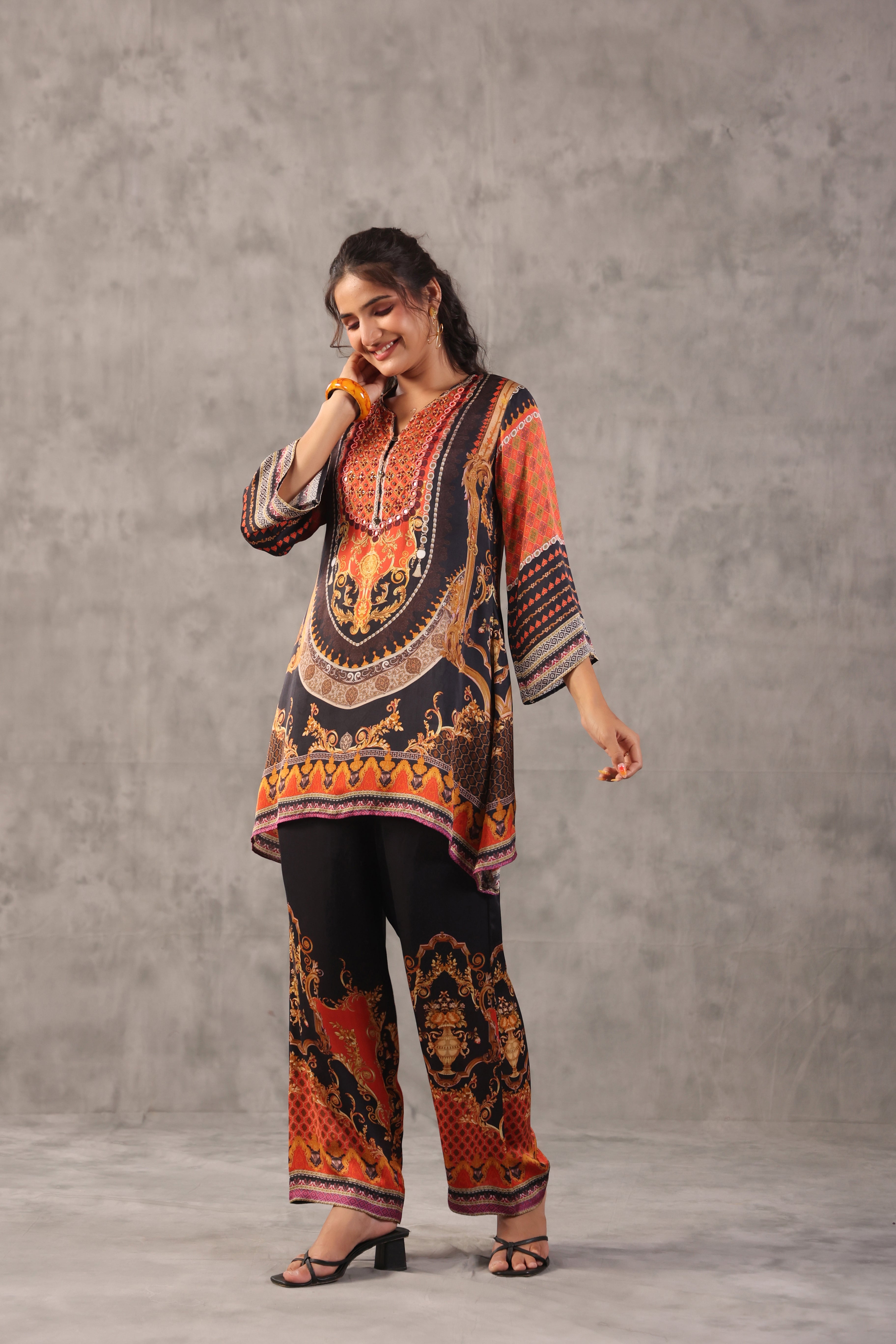 Noir Tangerine Printed Modal Satin Silk Co-Ord Set