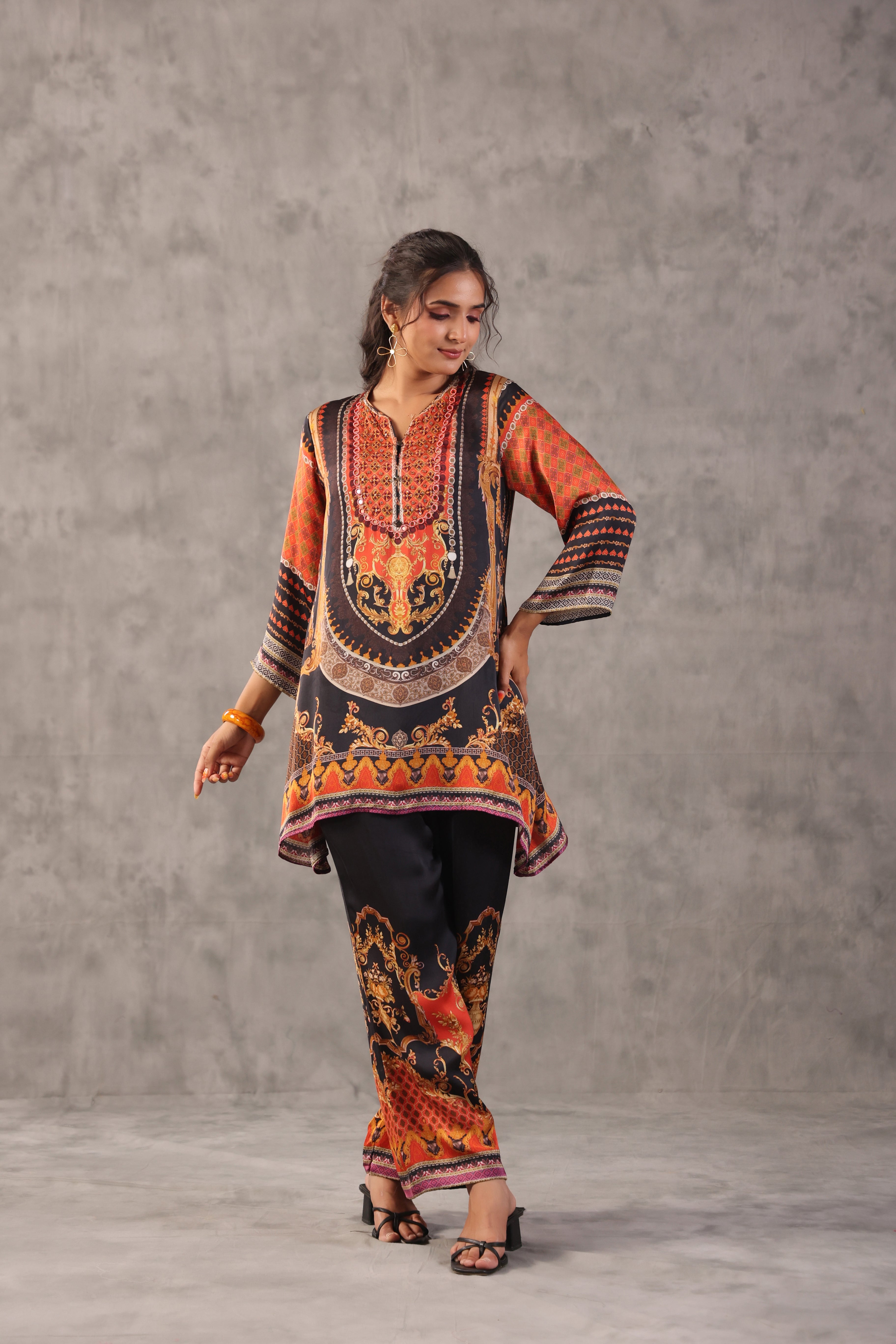 Noir Tangerine Printed Modal Satin Silk Co-Ord Set