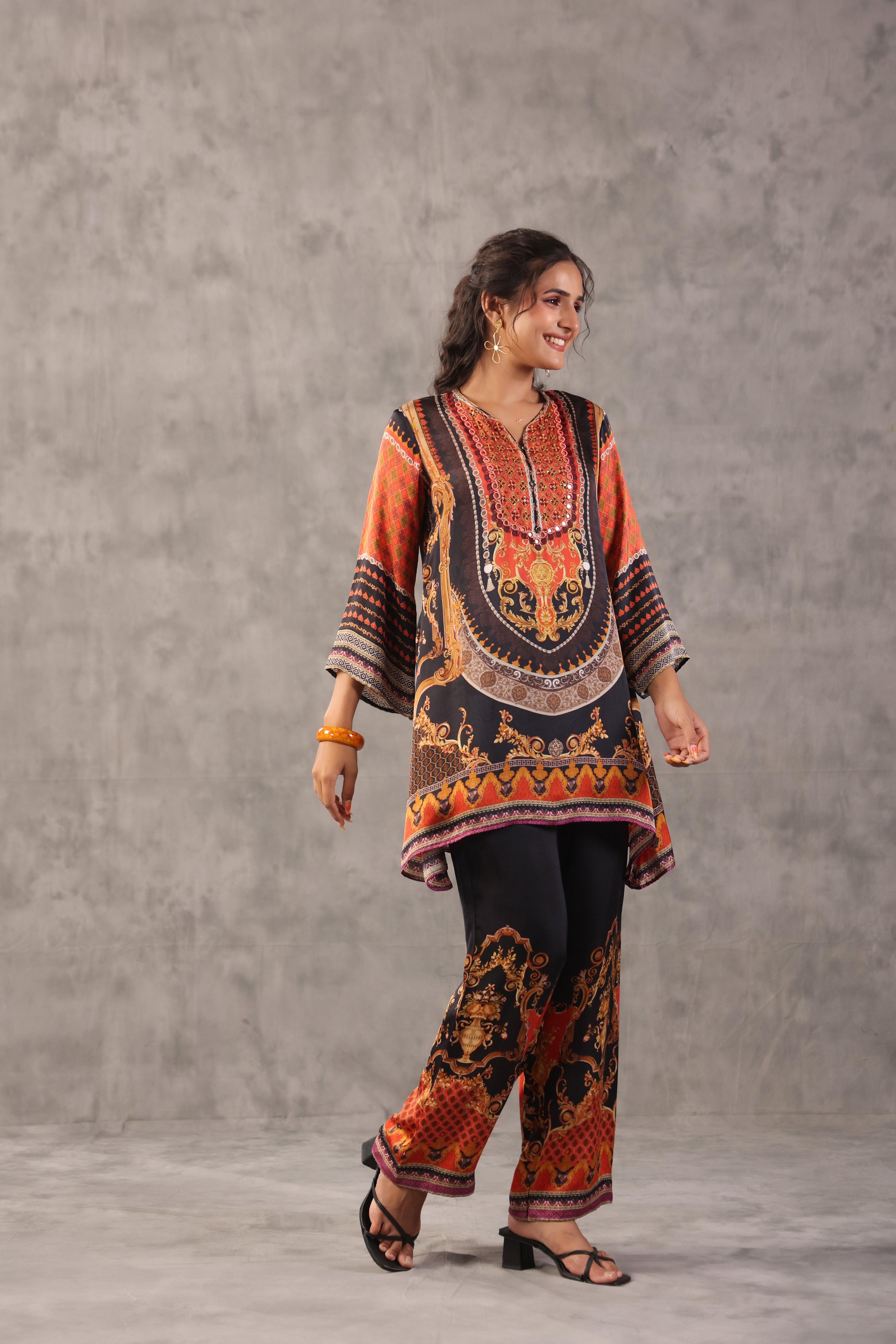 Noir Tangerine Printed Modal Satin Silk Co-Ord Set