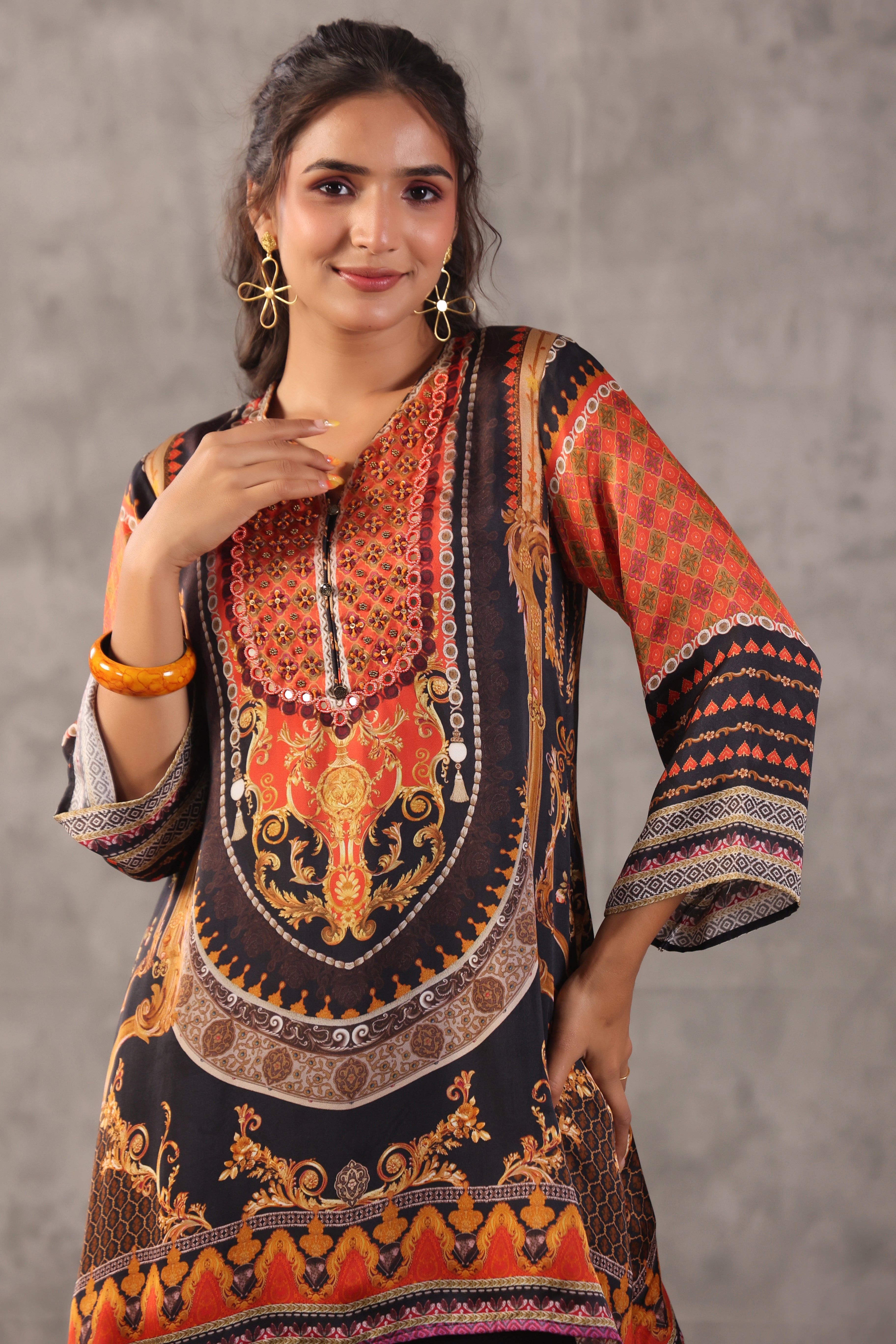 Noir Tangerine Printed Modal Satin Silk Co-Ord Set