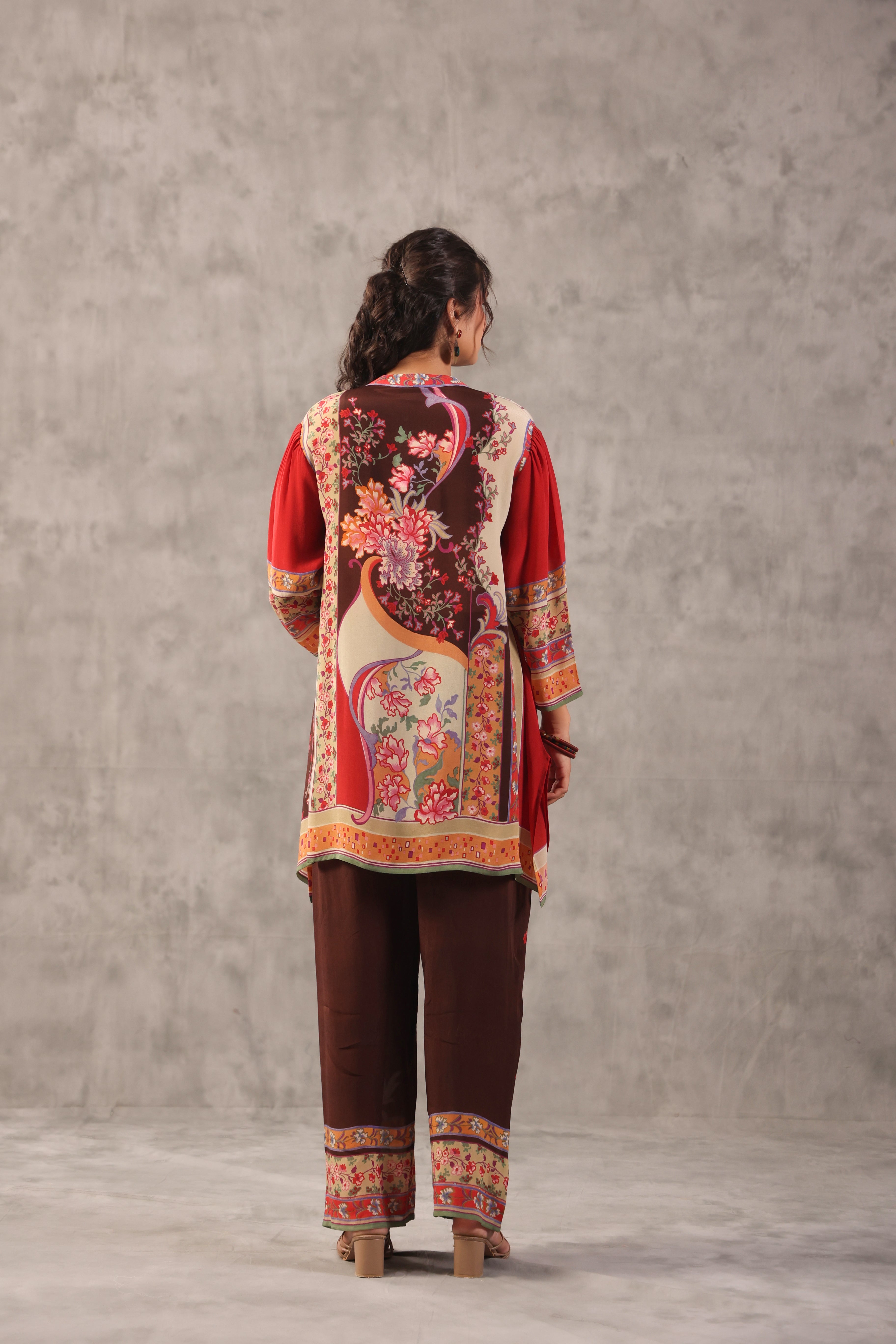 Chocolate Brown Printed Crepe Silk Co-Ord Set