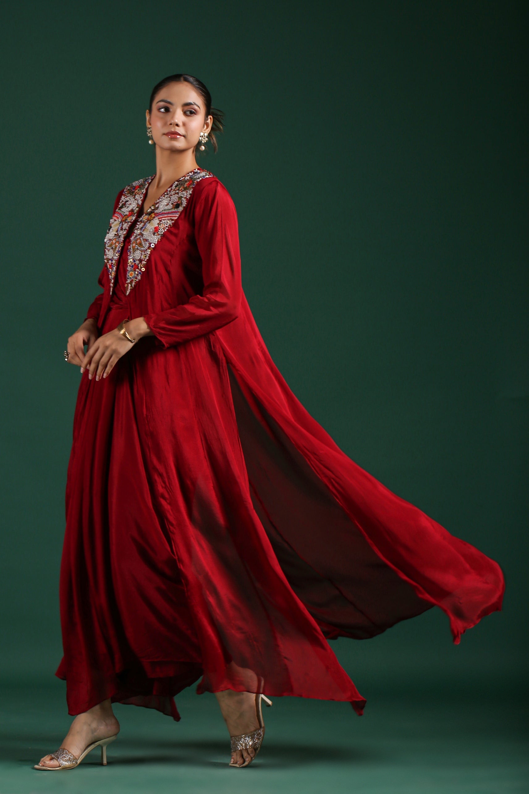 Maroon Embroidered Premium Chinon Silk Cape Dress