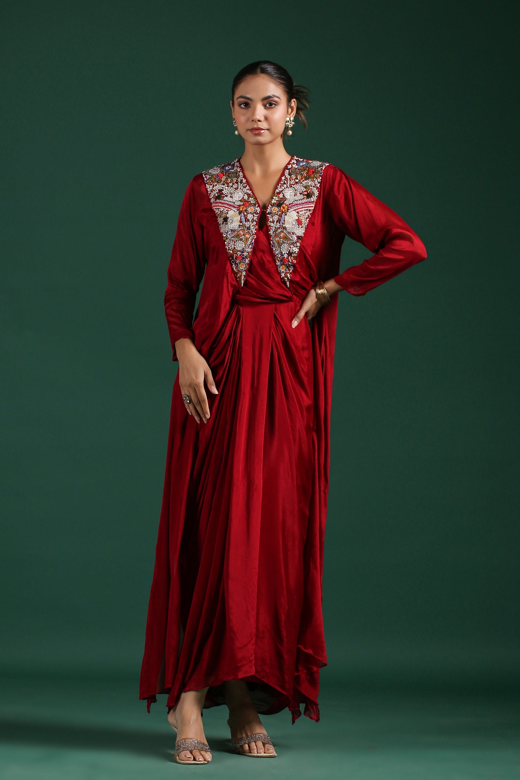 Maroon Embroidered Premium Chinon Silk Cape Dress