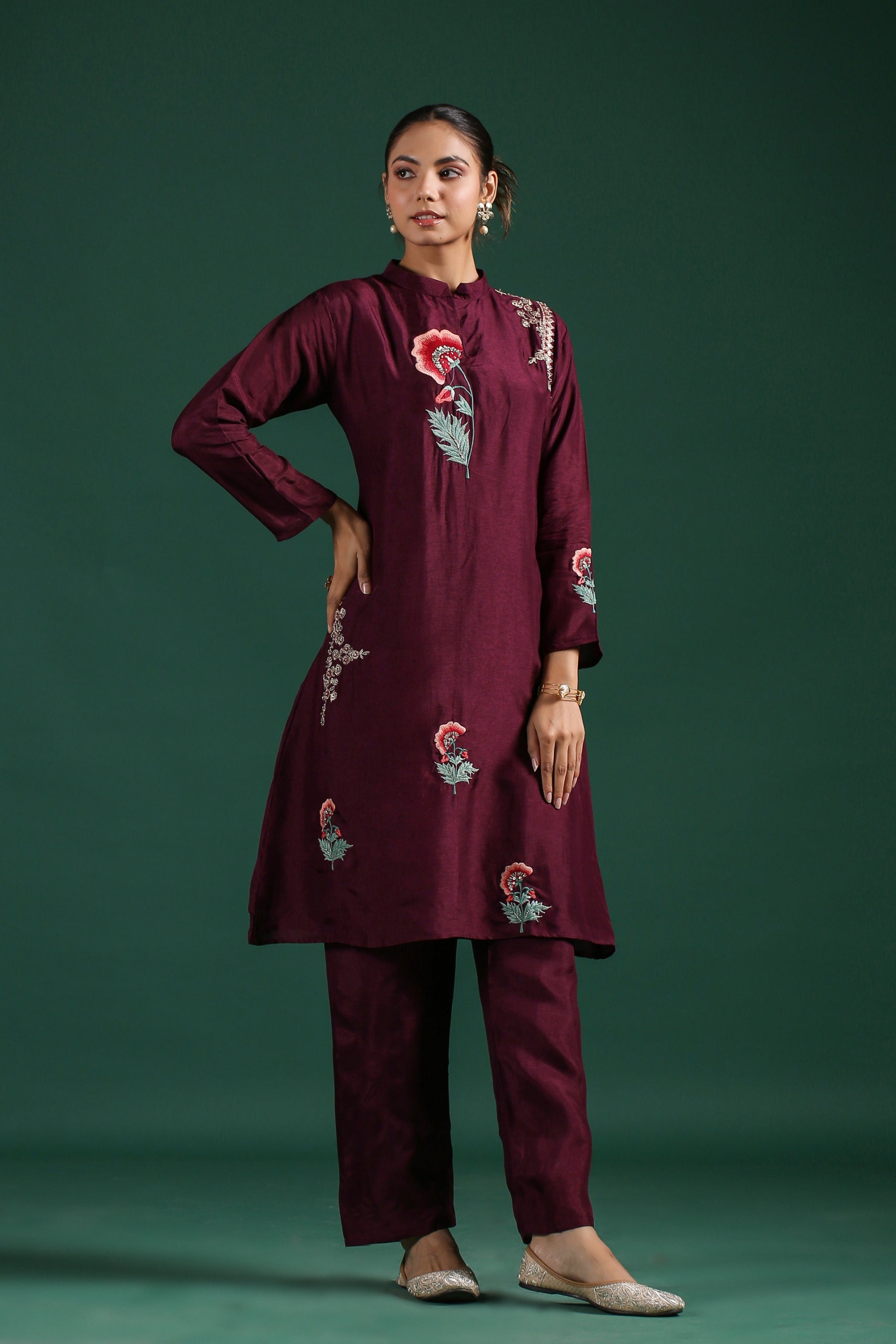 Wine Embroidered Dola Silk Pants Set