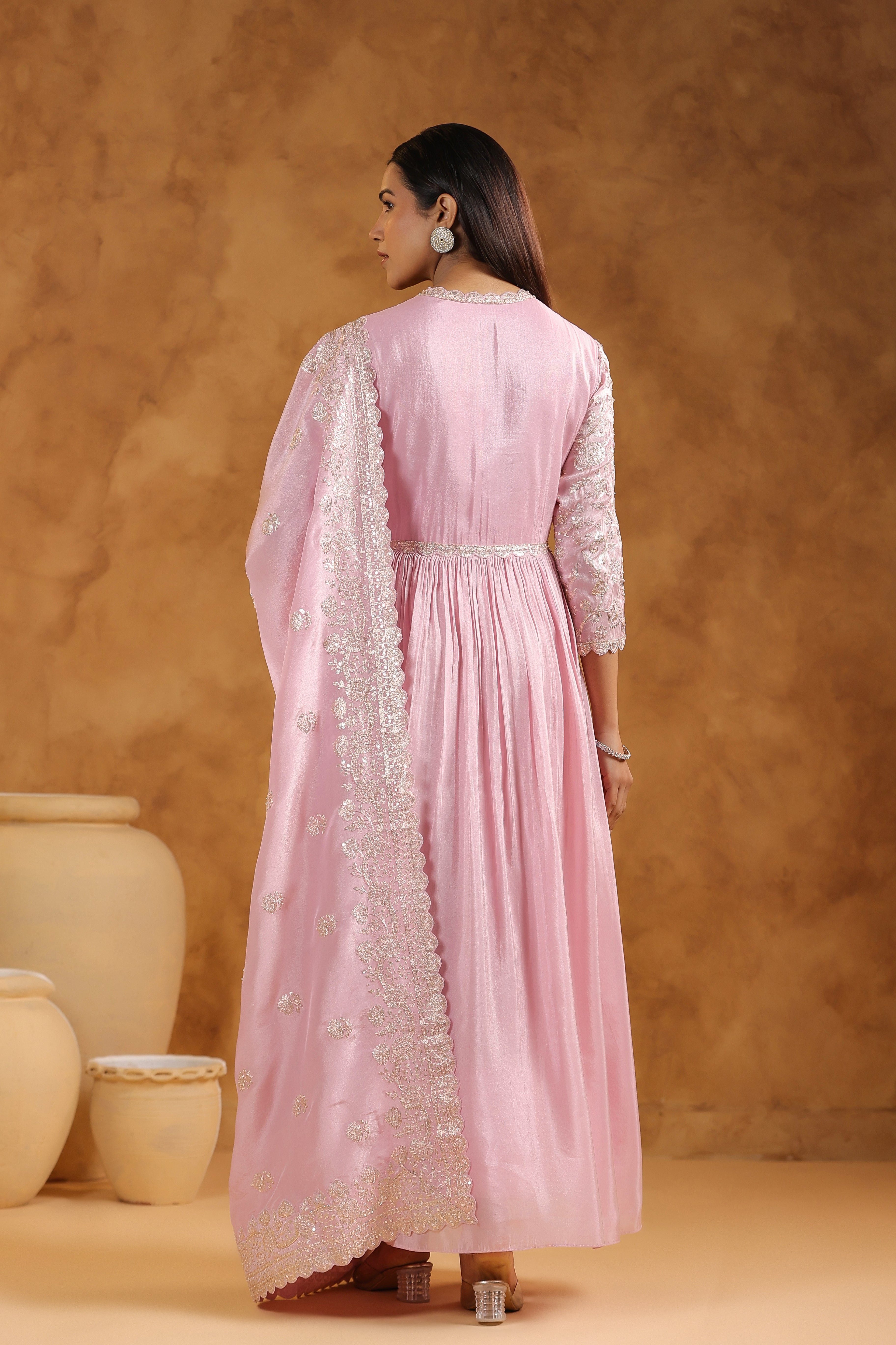 Soft Pink Embellished Tissue Silk Anarkali Set