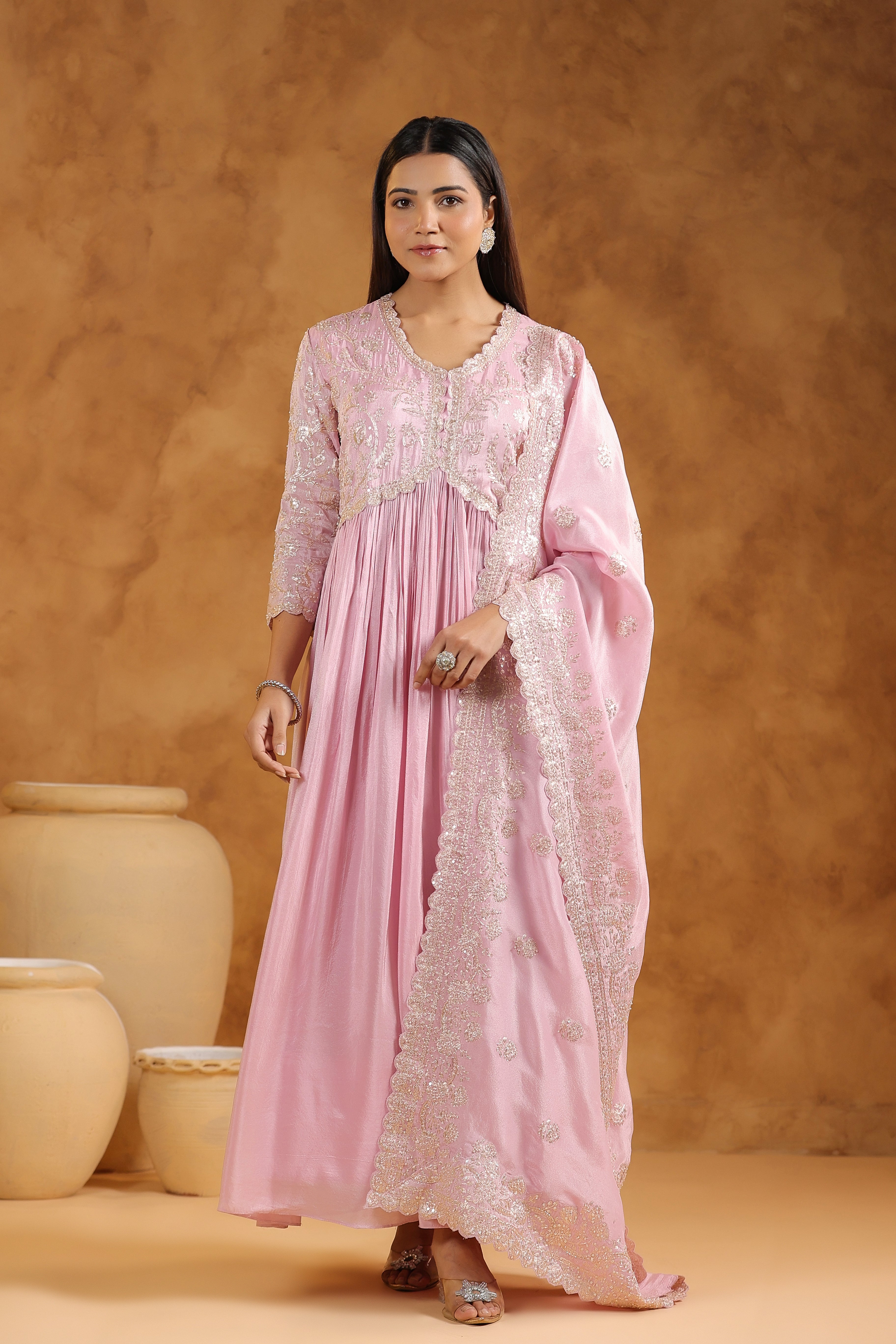 Soft Pink Embellished Tissue Silk Anarkali Set