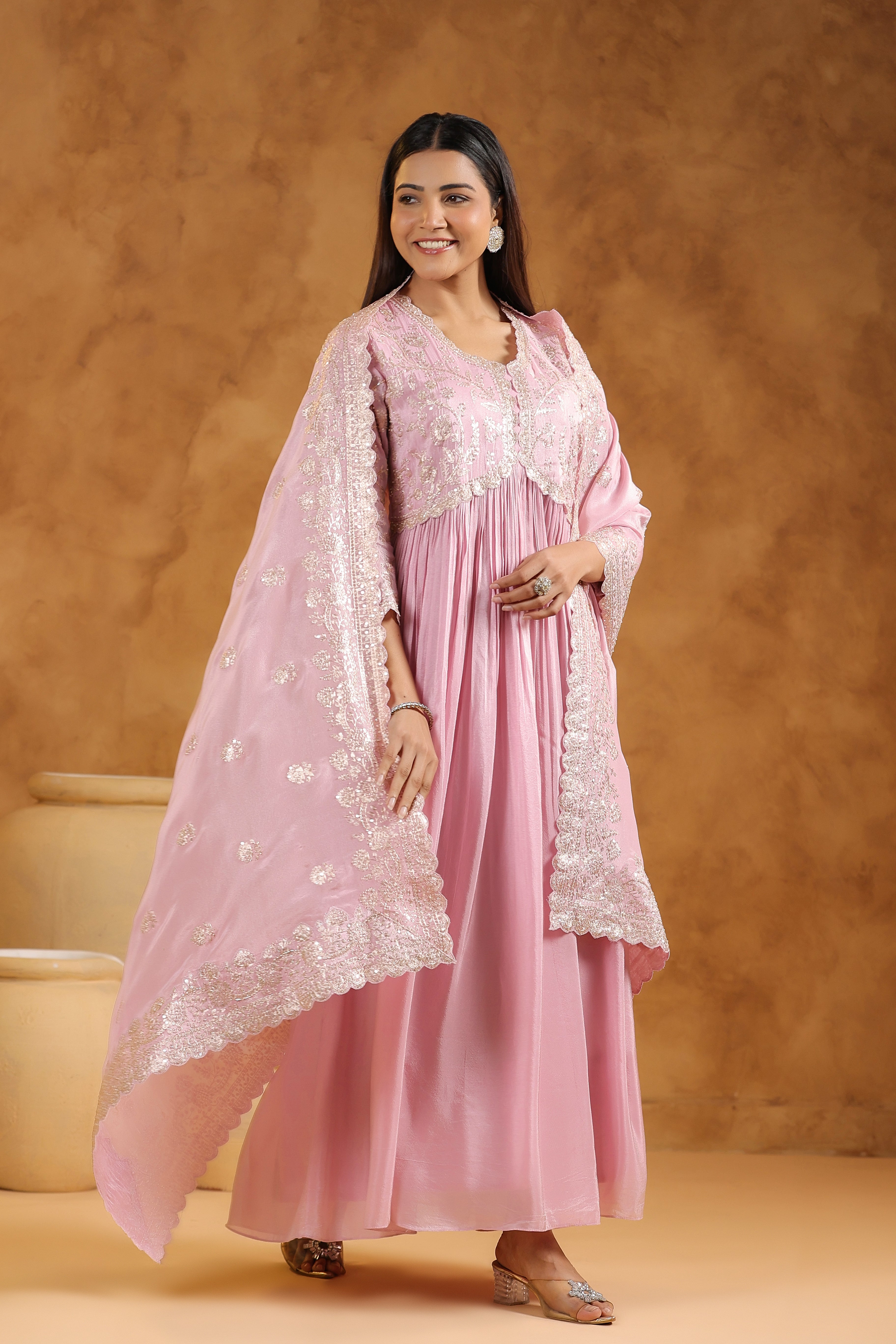 Soft Pink Embellished Tissue Silk Anarkali Set