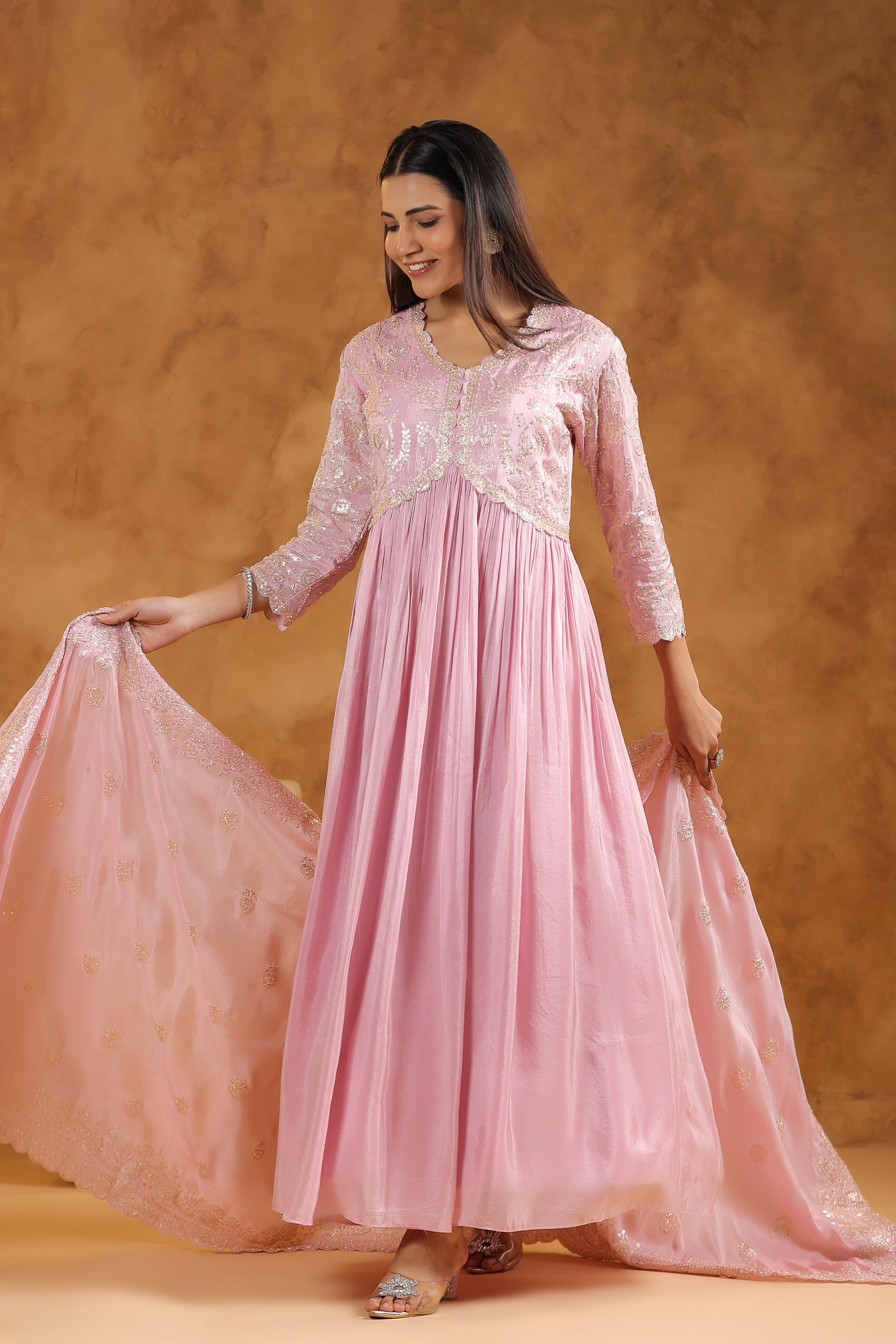 Soft Pink Embellished Tissue Silk Anarkali Set