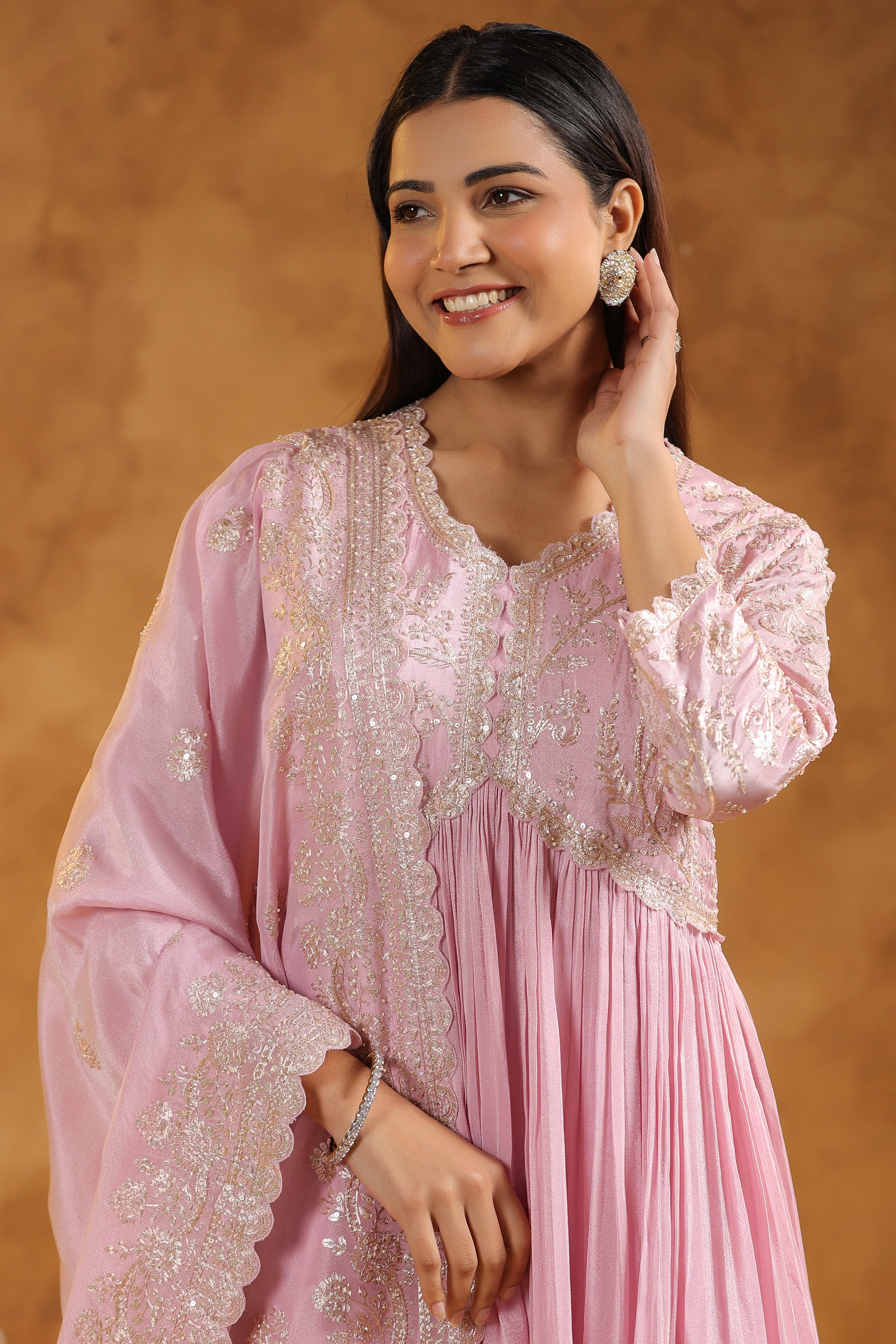 Soft Pink Embellished Tissue Silk Anarkali Set