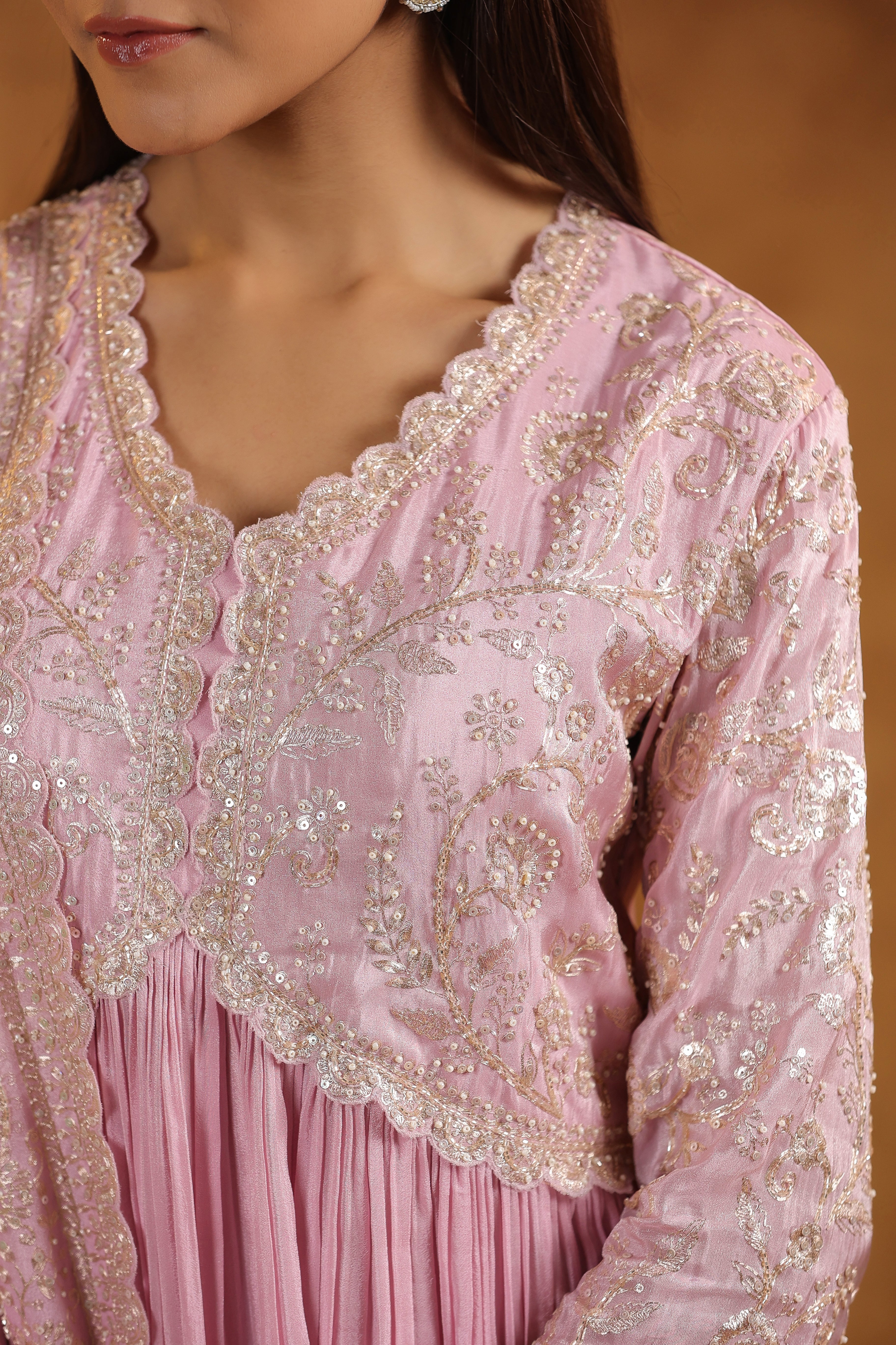 Soft Pink Embellished Tissue Silk Anarkali Set