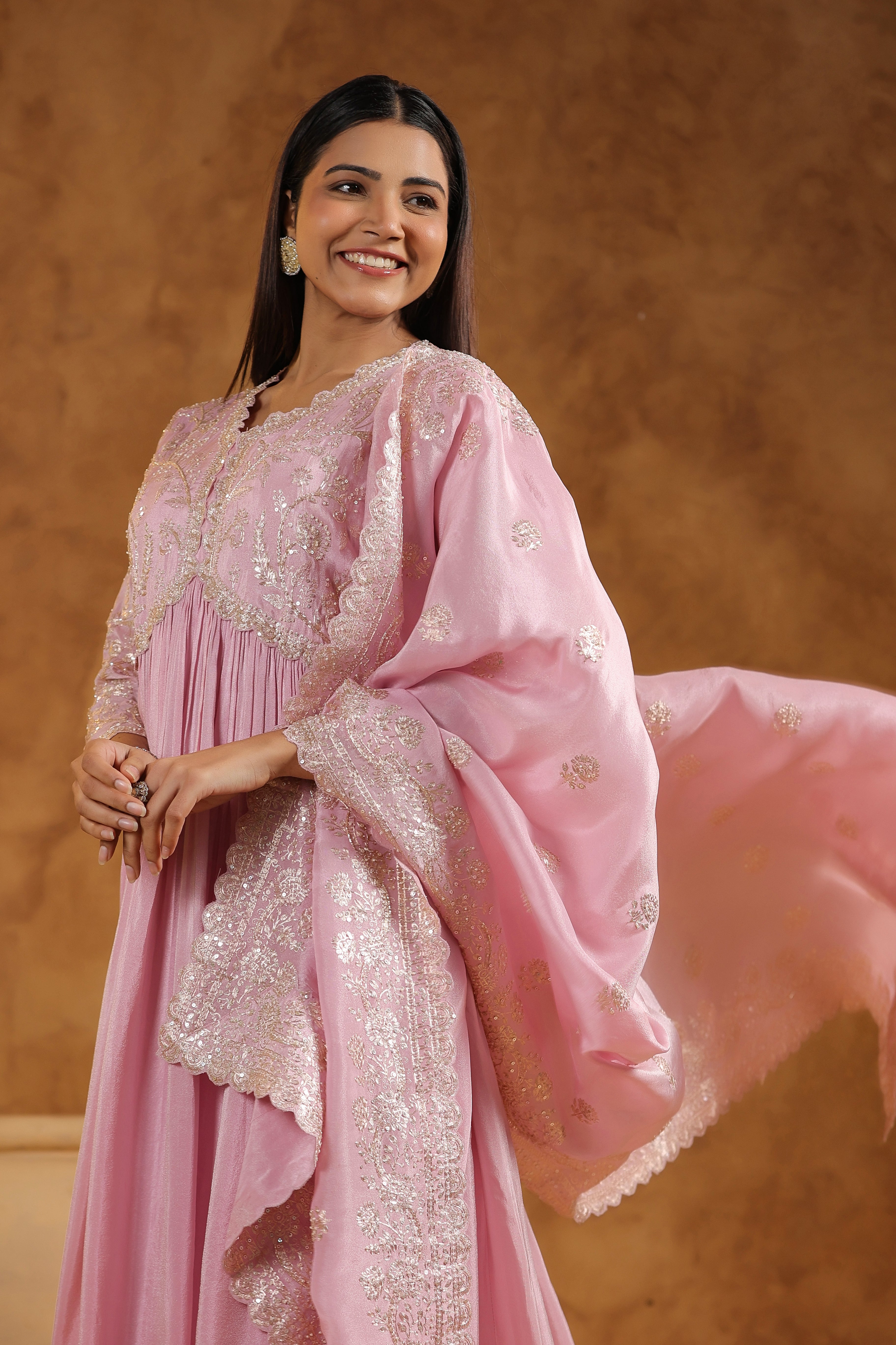 Soft Pink Embellished Tissue Silk Anarkali Set