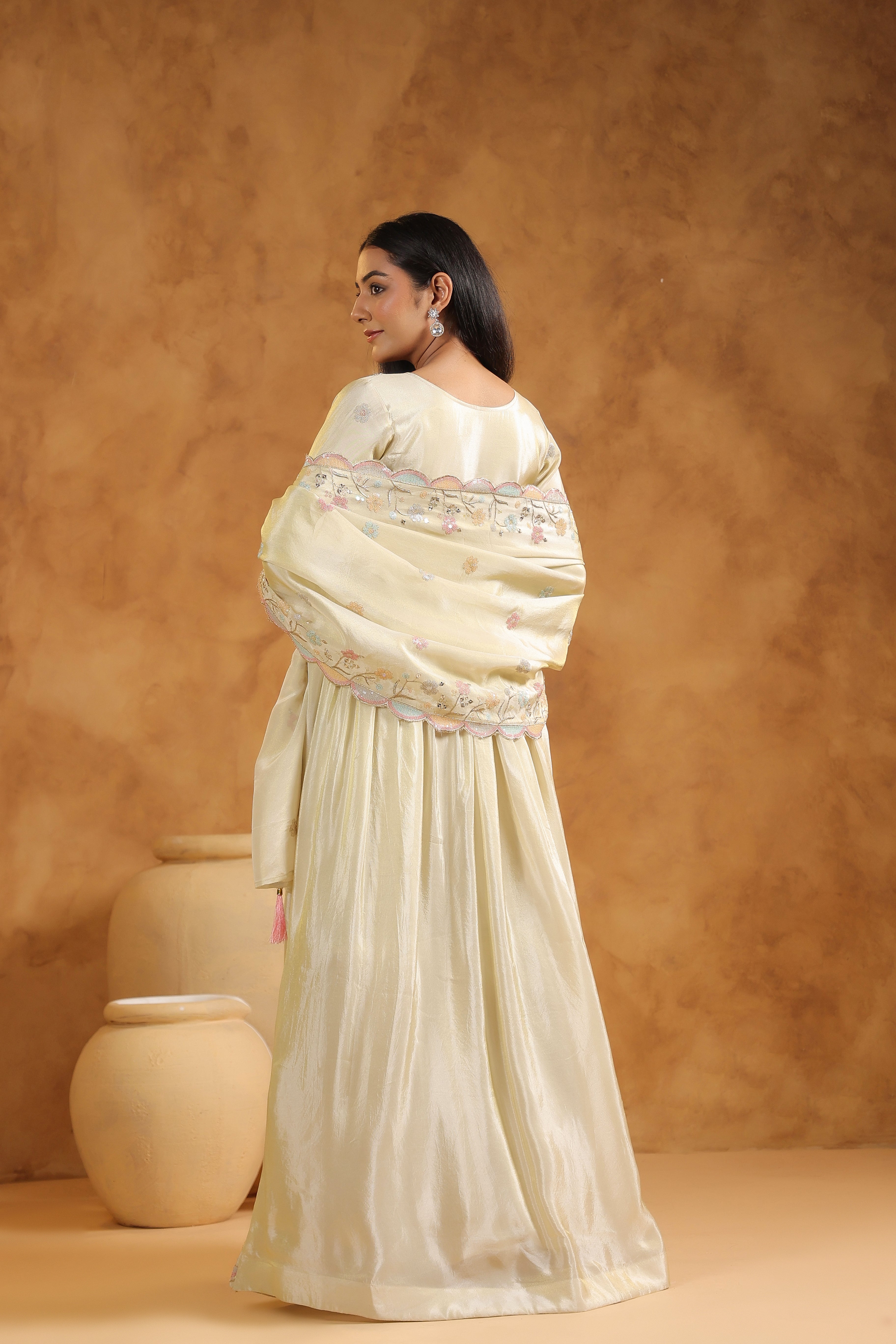 Off-White Embellished Tissue Silk Anarkali Set