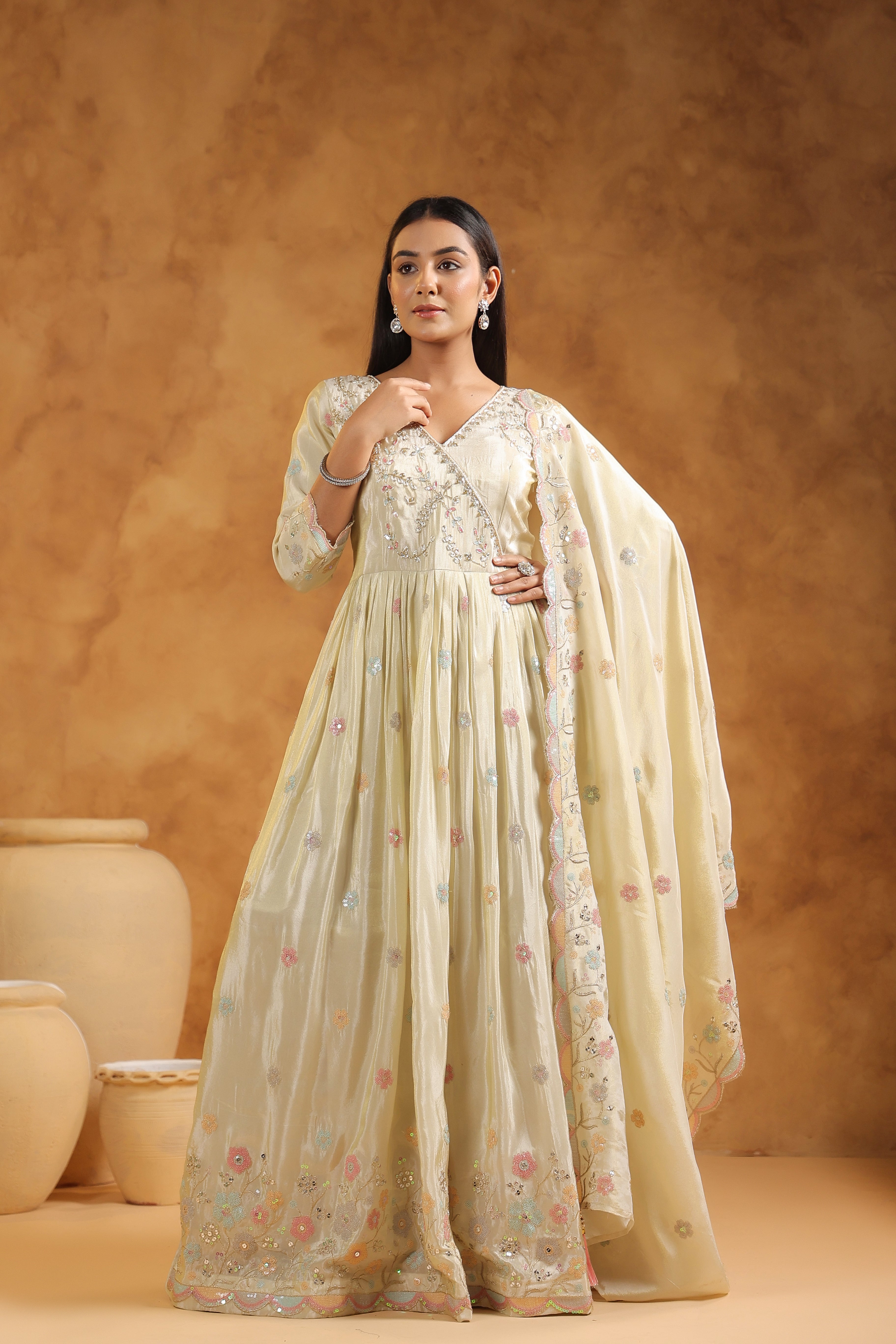 Off-White Embellished Tissue Silk Anarkali Set