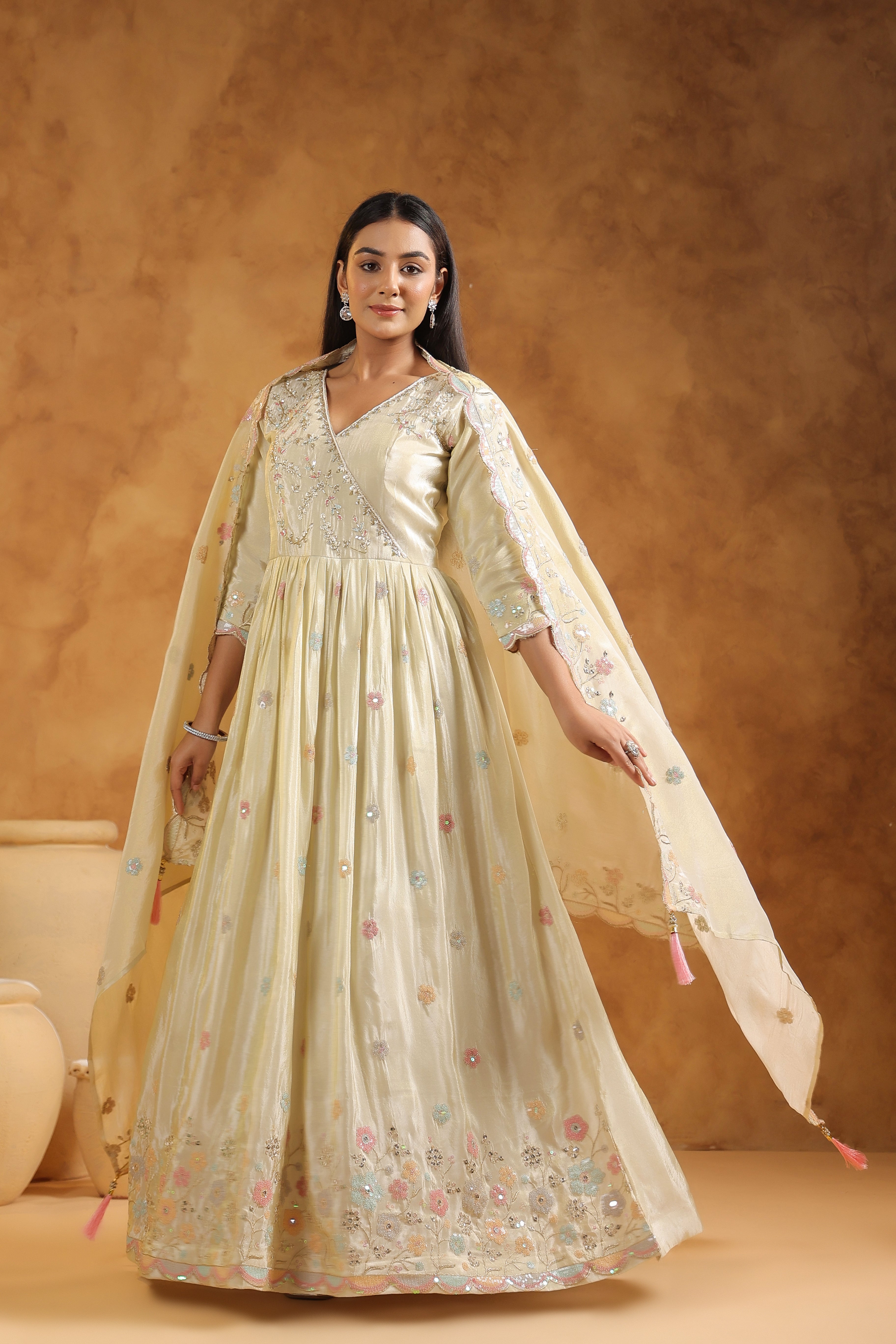 Off-White Embellished Tissue Silk Anarkali Set