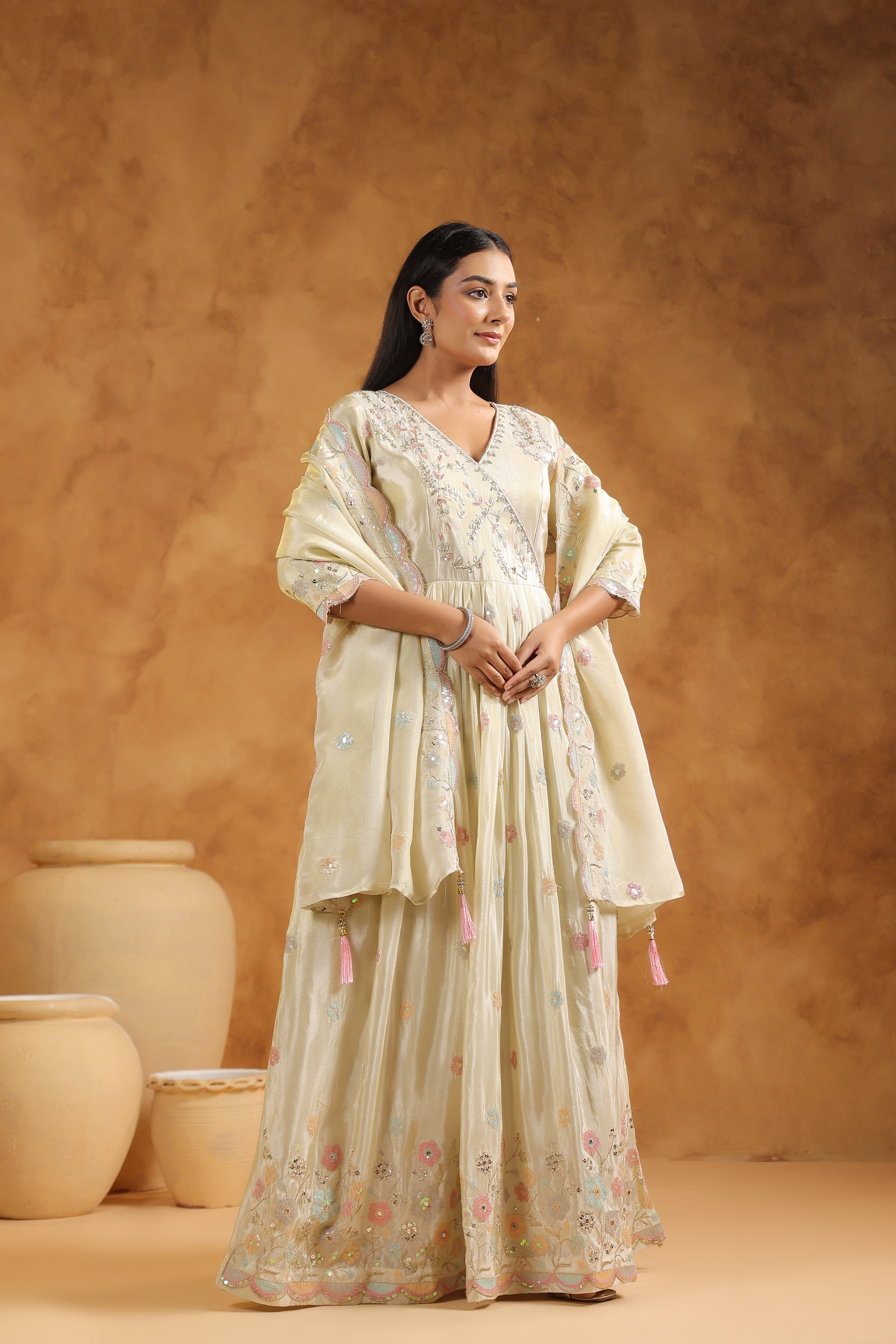 Off-White Embellished Tissue Silk Anarkali Set