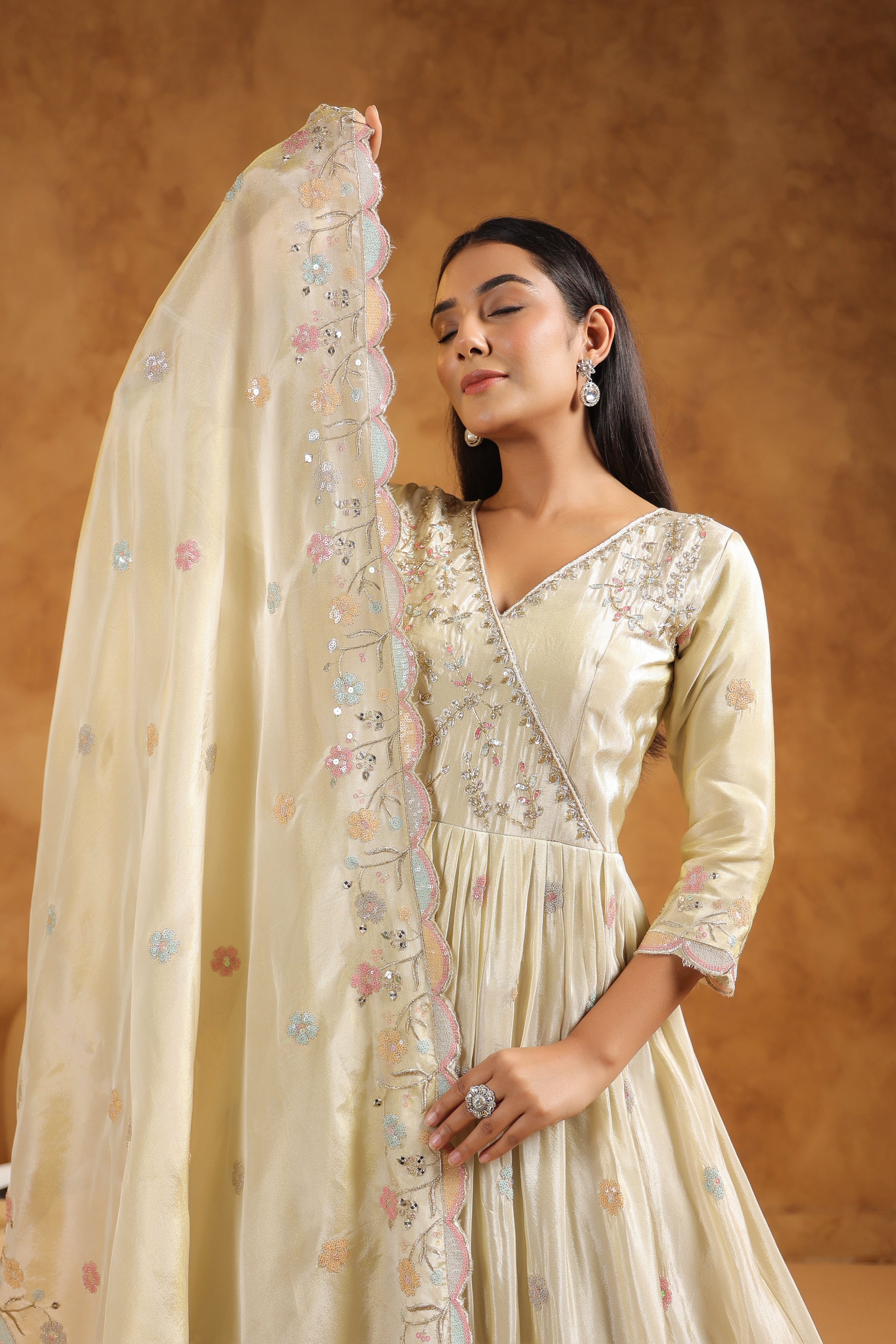 Off-White Embellished Tissue Silk Anarkali Set