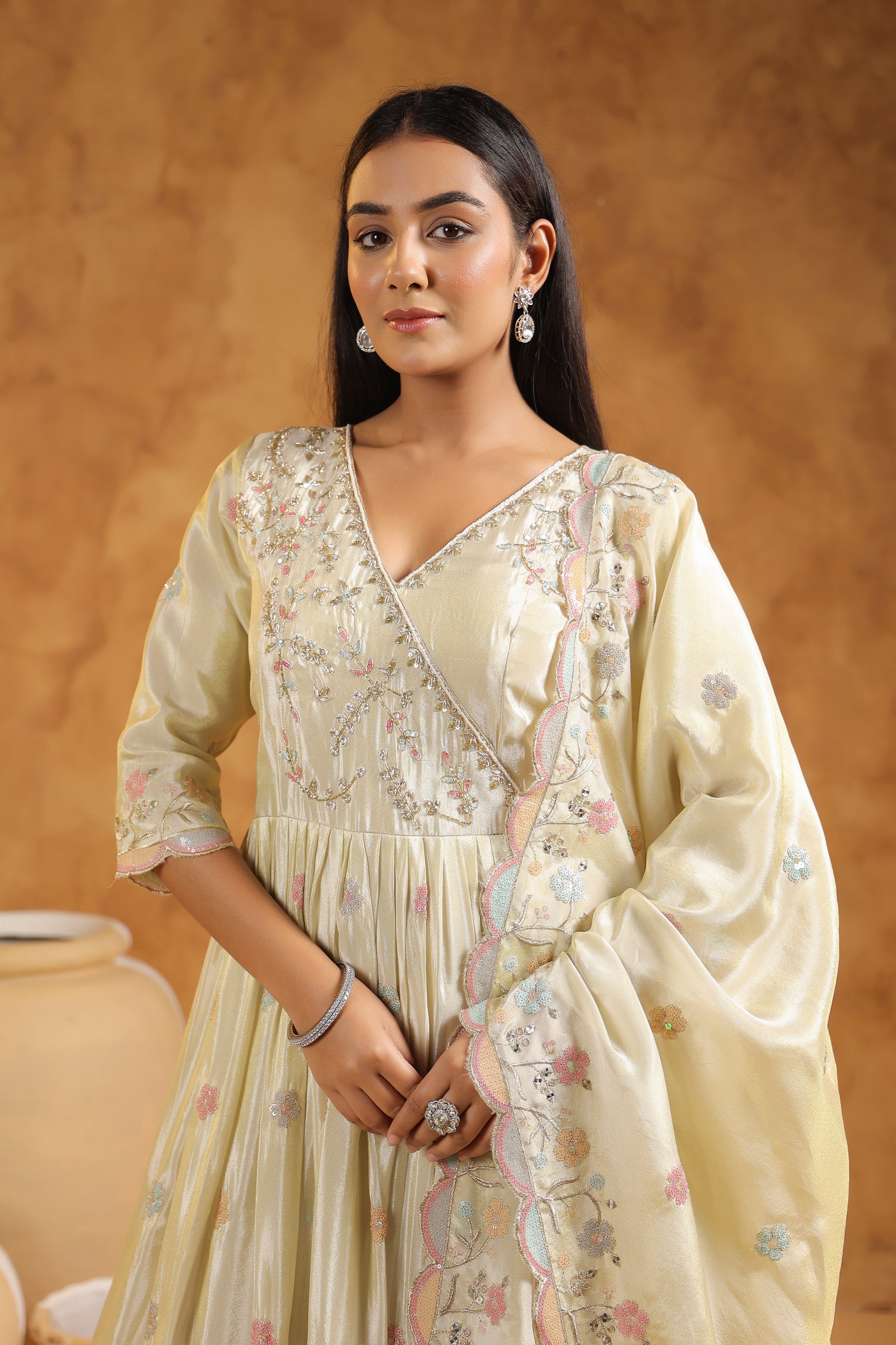 Off-White Embellished Tissue Silk Anarkali Set