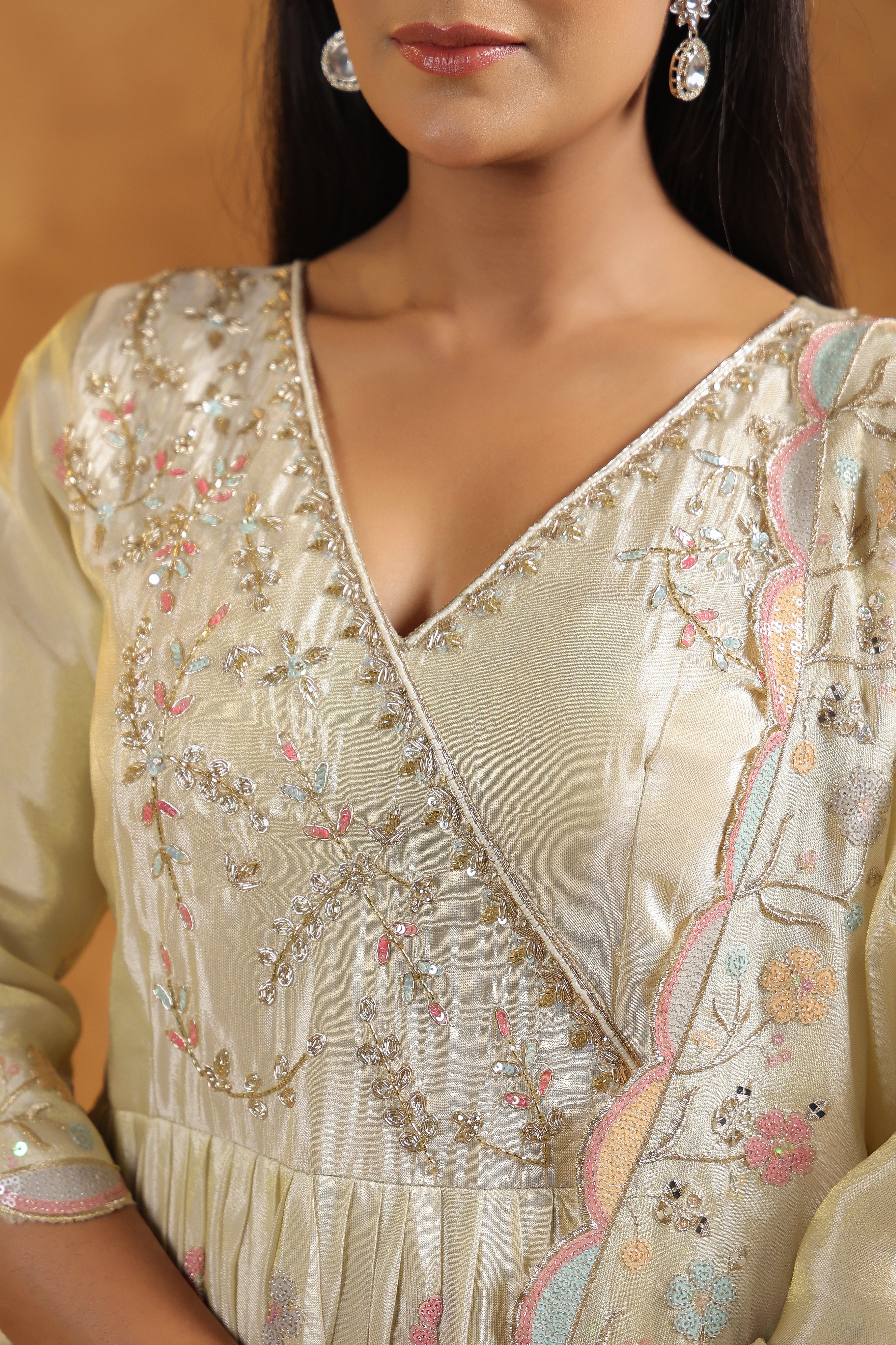 Off-White Embellished Tissue Silk Anarkali Set