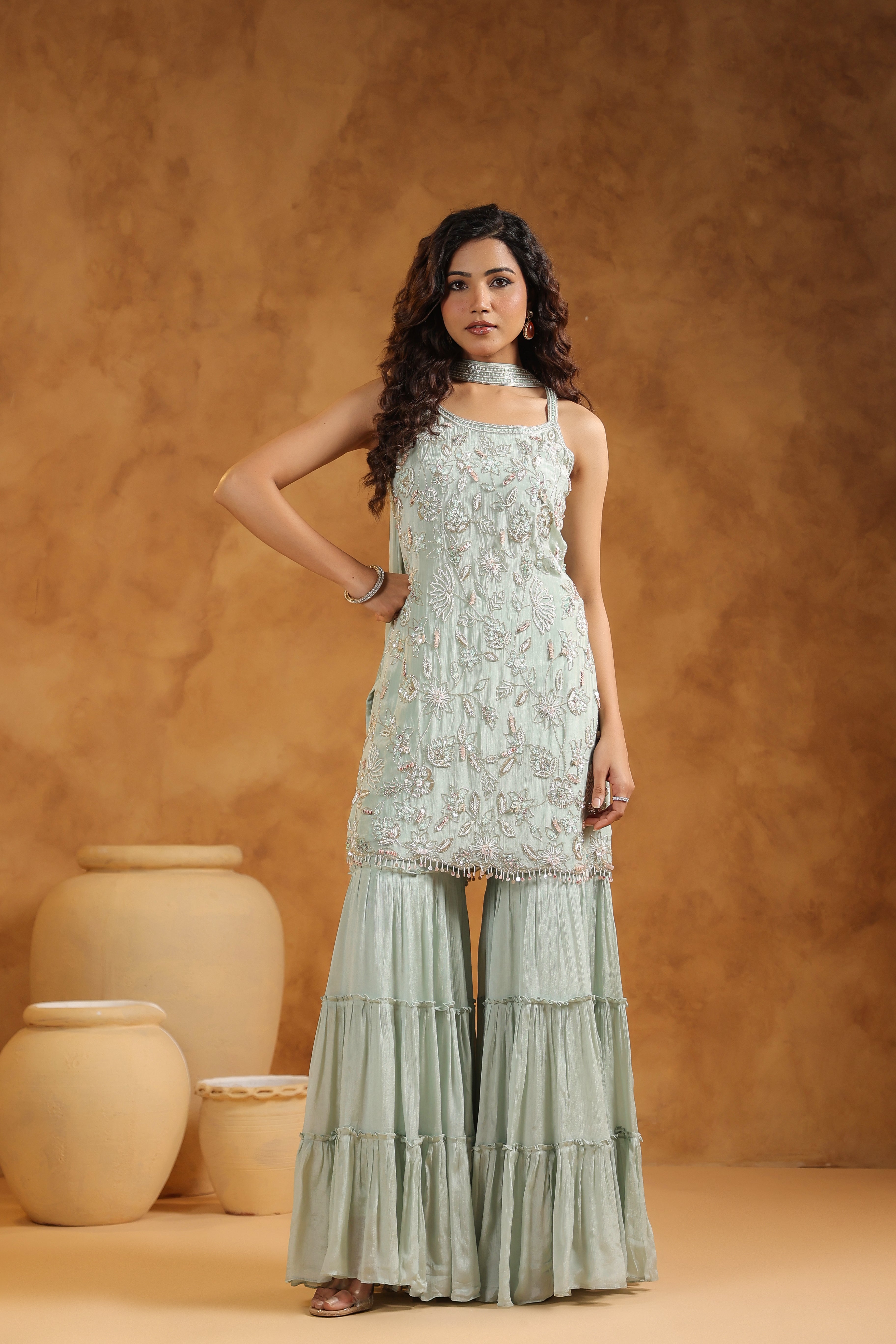 Pale Mint Embellished Chinon Silk Sharara Set