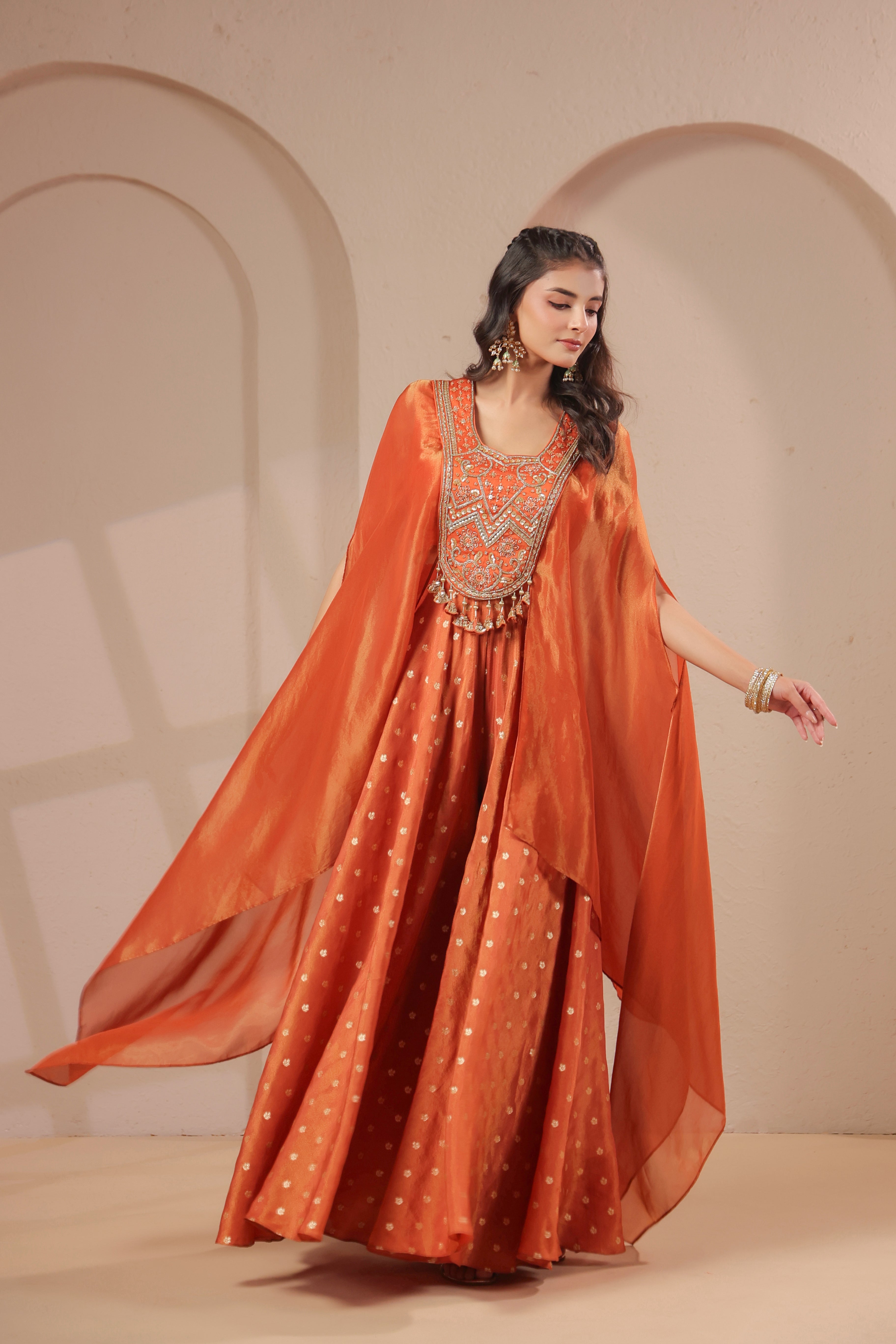 Soft Orange Embellished Shimmer Organza Palazzo Set