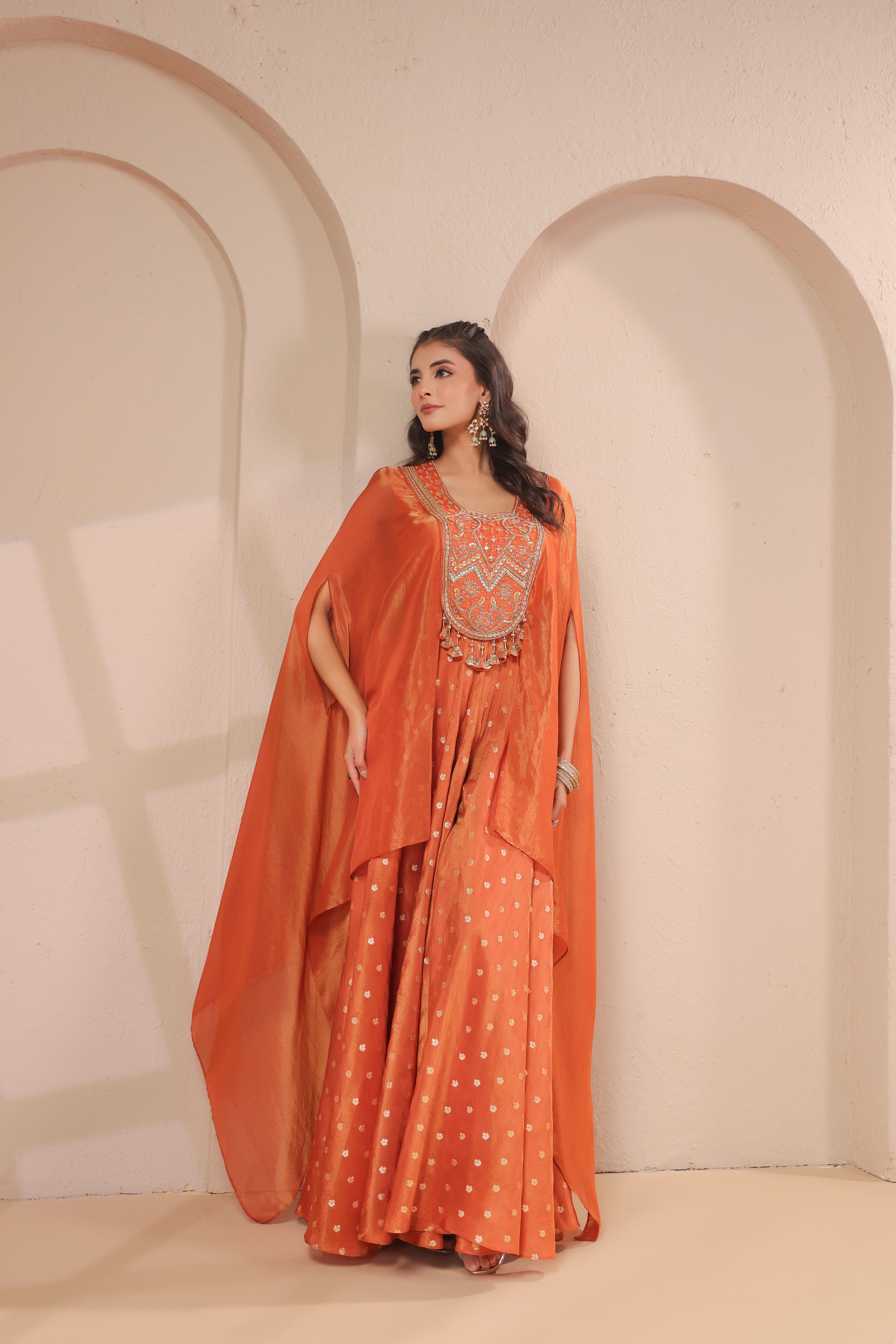 Soft Orange Embellished Shimmer Organza Palazzo Set