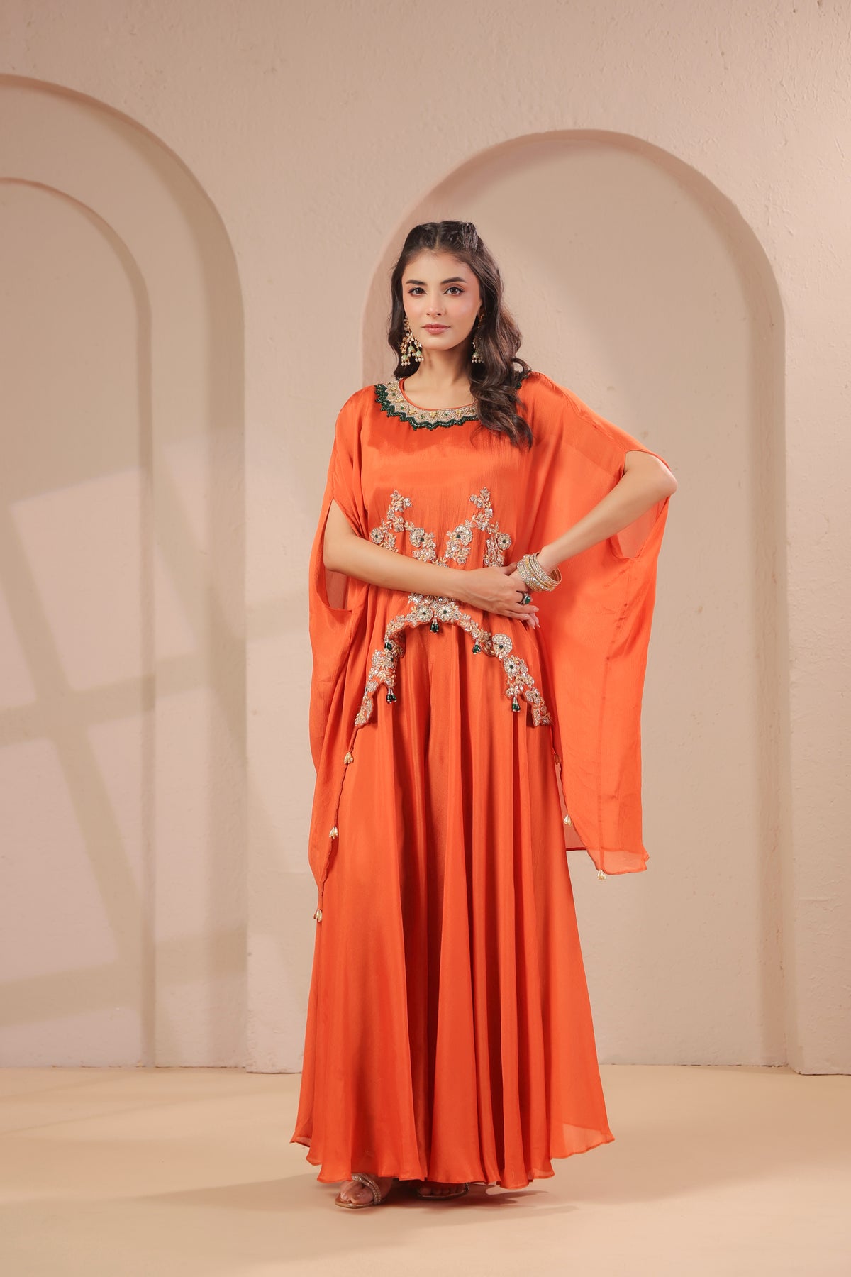 Orange Citrus Embellished Crepe Silk Skirt Set