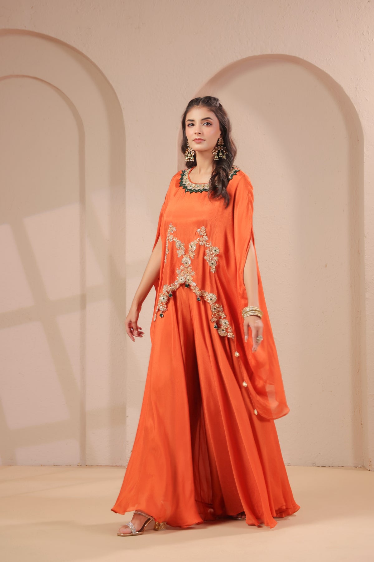 Orange Citrus Embellished Crepe Silk Skirt Set