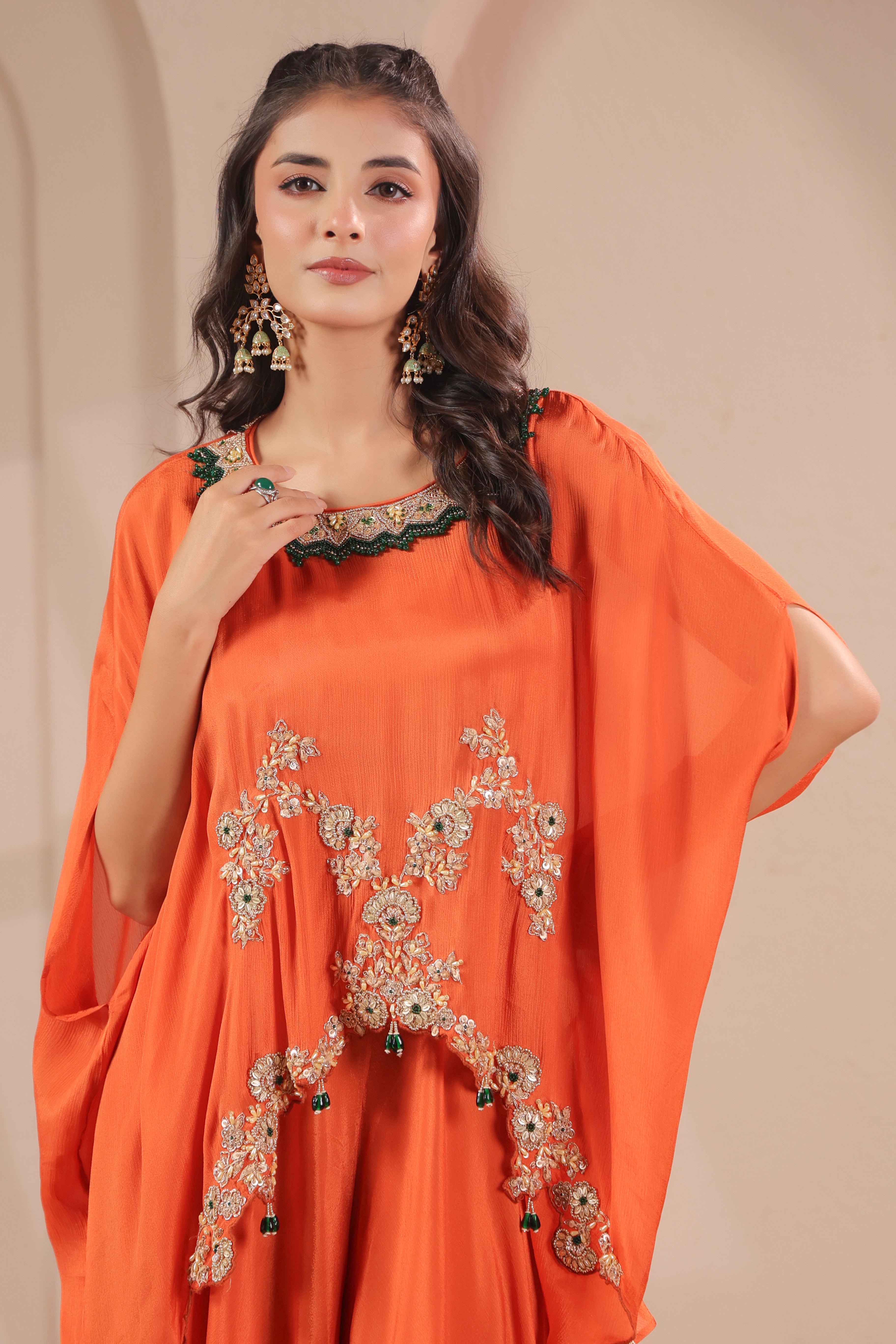 Orange Citrus Embellished Crepe Silk Skirt Set