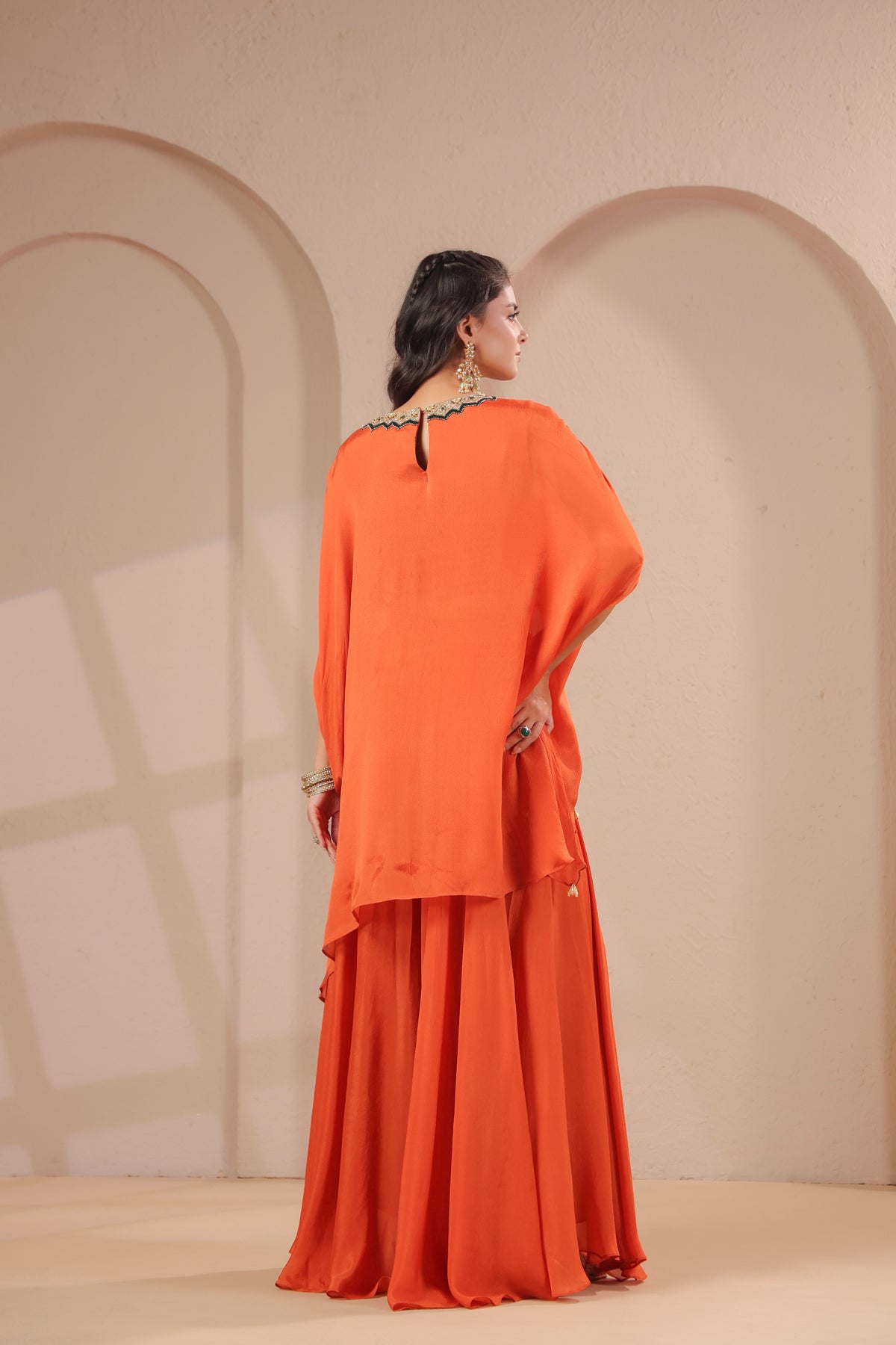Orange Citrus Embellished Crepe Silk Skirt Set