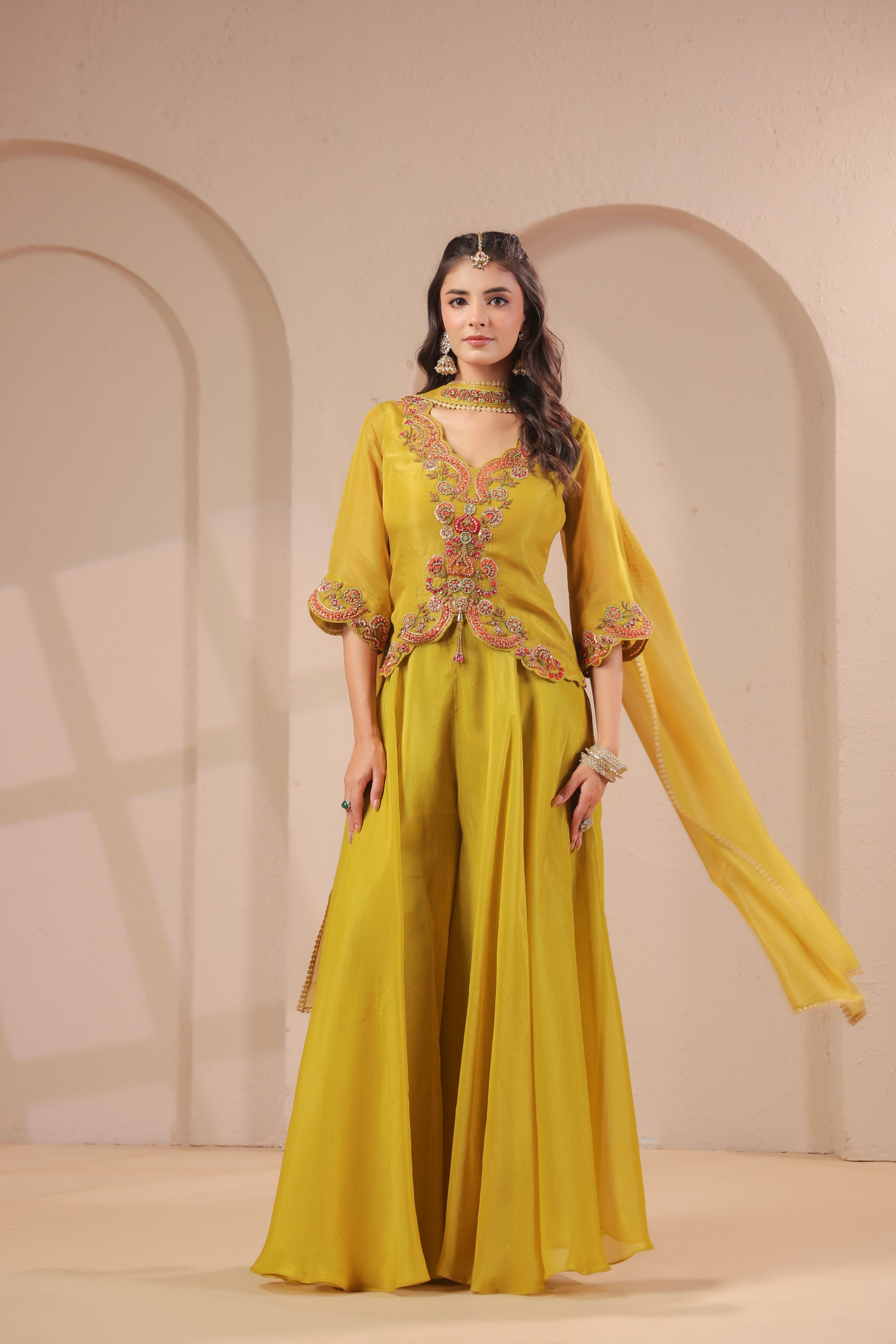 Cornsilk Yellow Embellished Shimmer Organza Palazzo Set