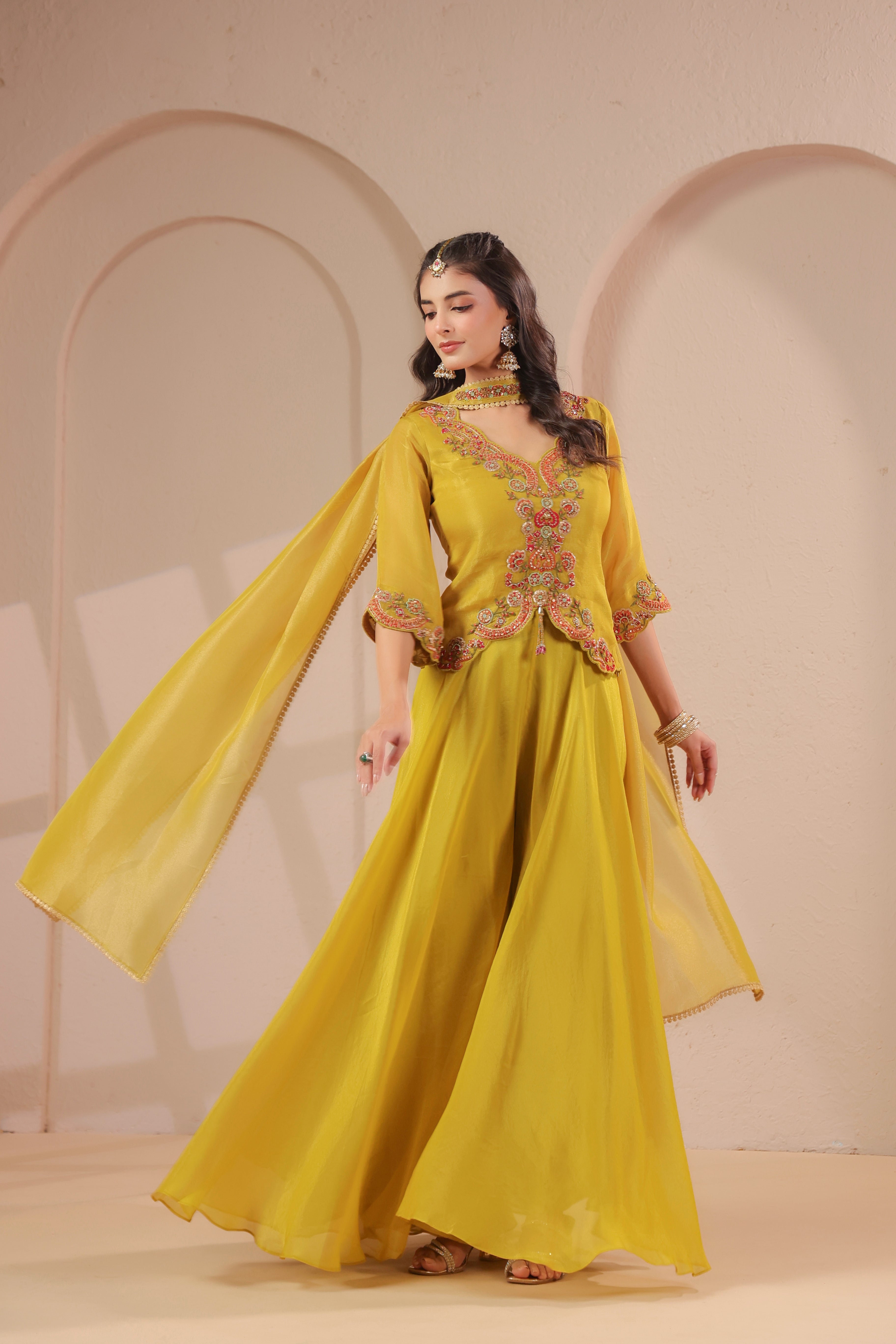 Cornsilk Yellow Embellished Shimmer Organza Palazzo Set