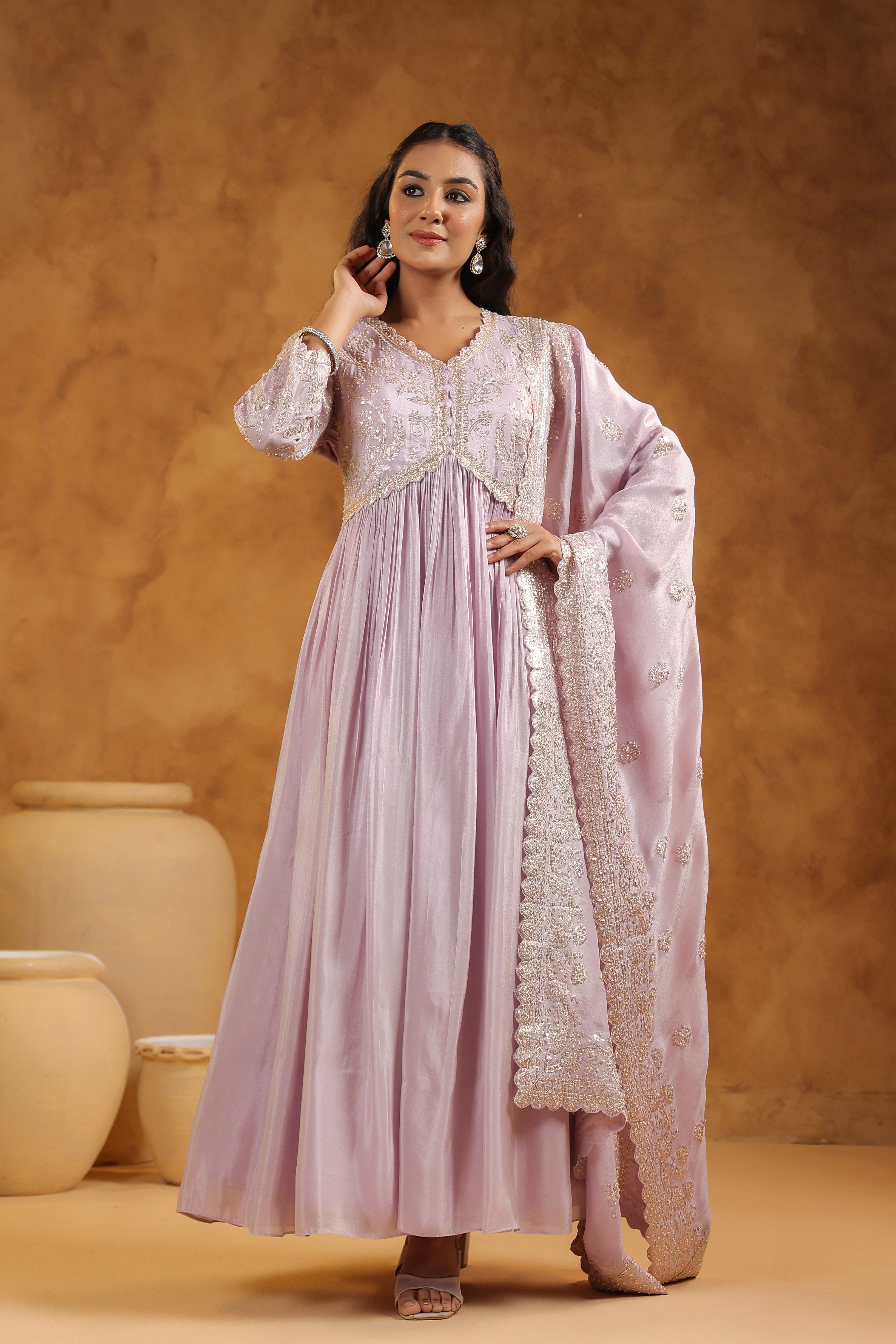 Light Lavender Embellished Tissue Silk Anarkali Set