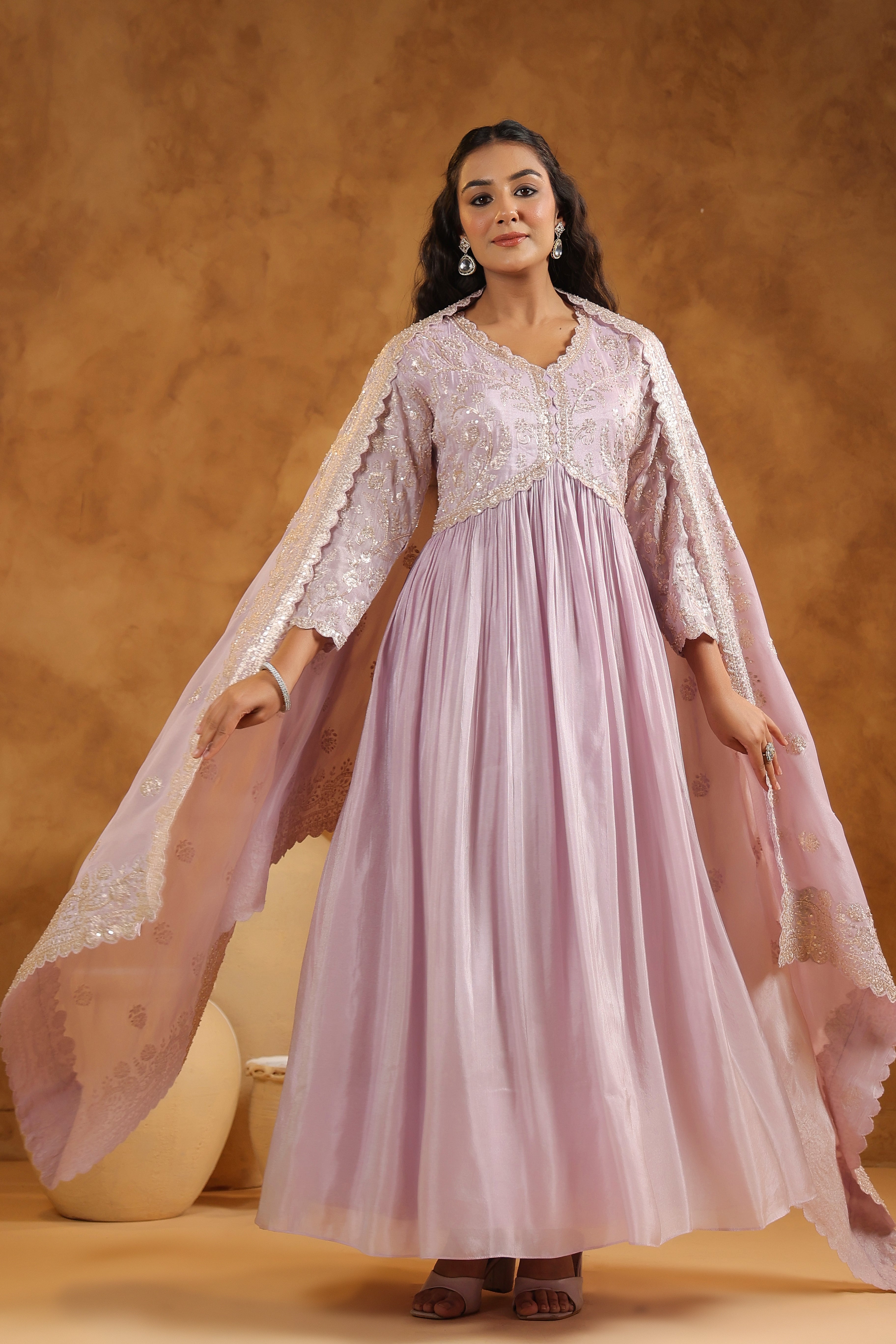 Light Lavender Embellished Tissue Silk Anarkali Set