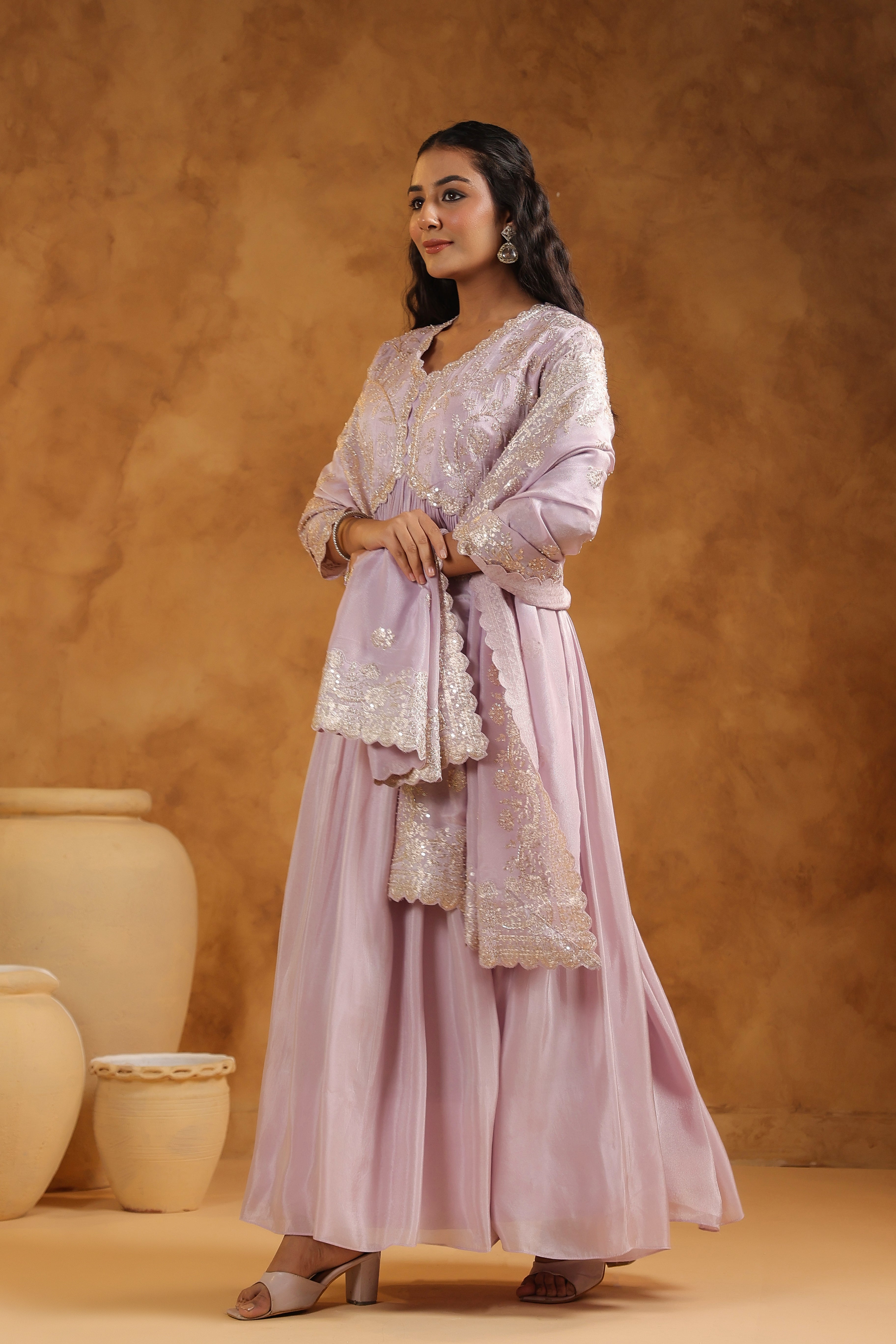 Light Lavender Embellished Tissue Silk Anarkali Set