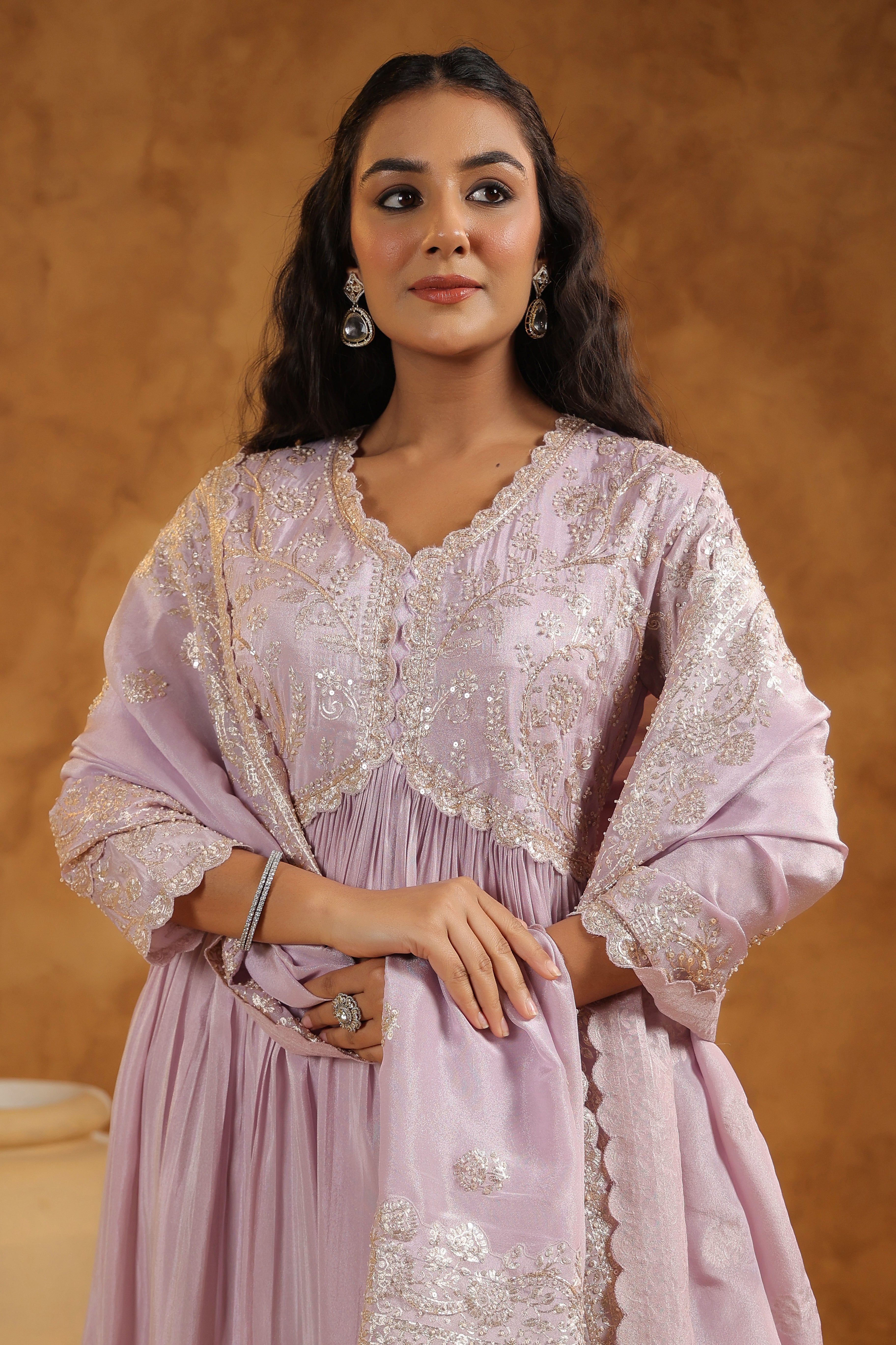 Light Lavender Embellished Tissue Silk Anarkali Set