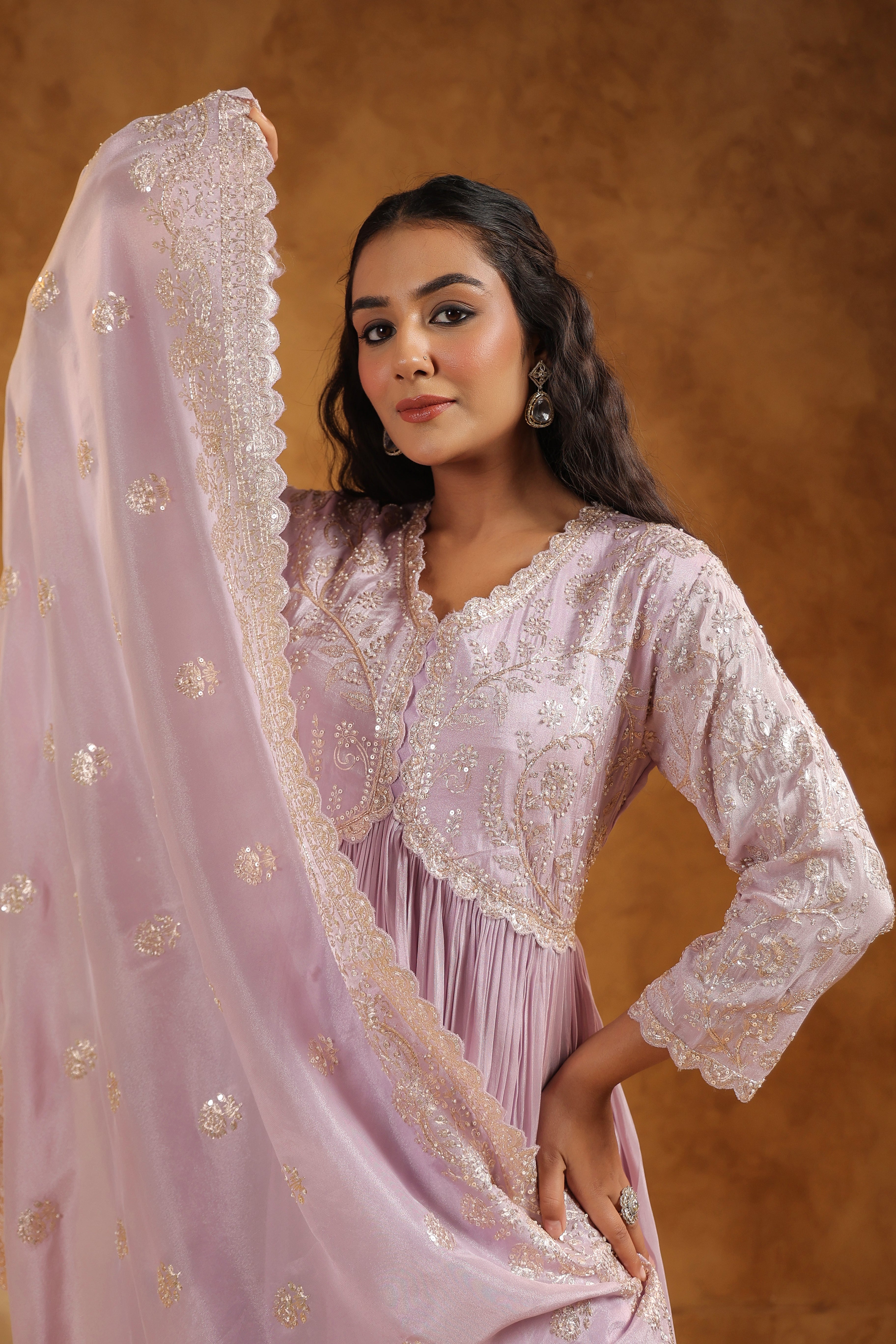 Light Lavender Embellished Tissue Silk Anarkali Set