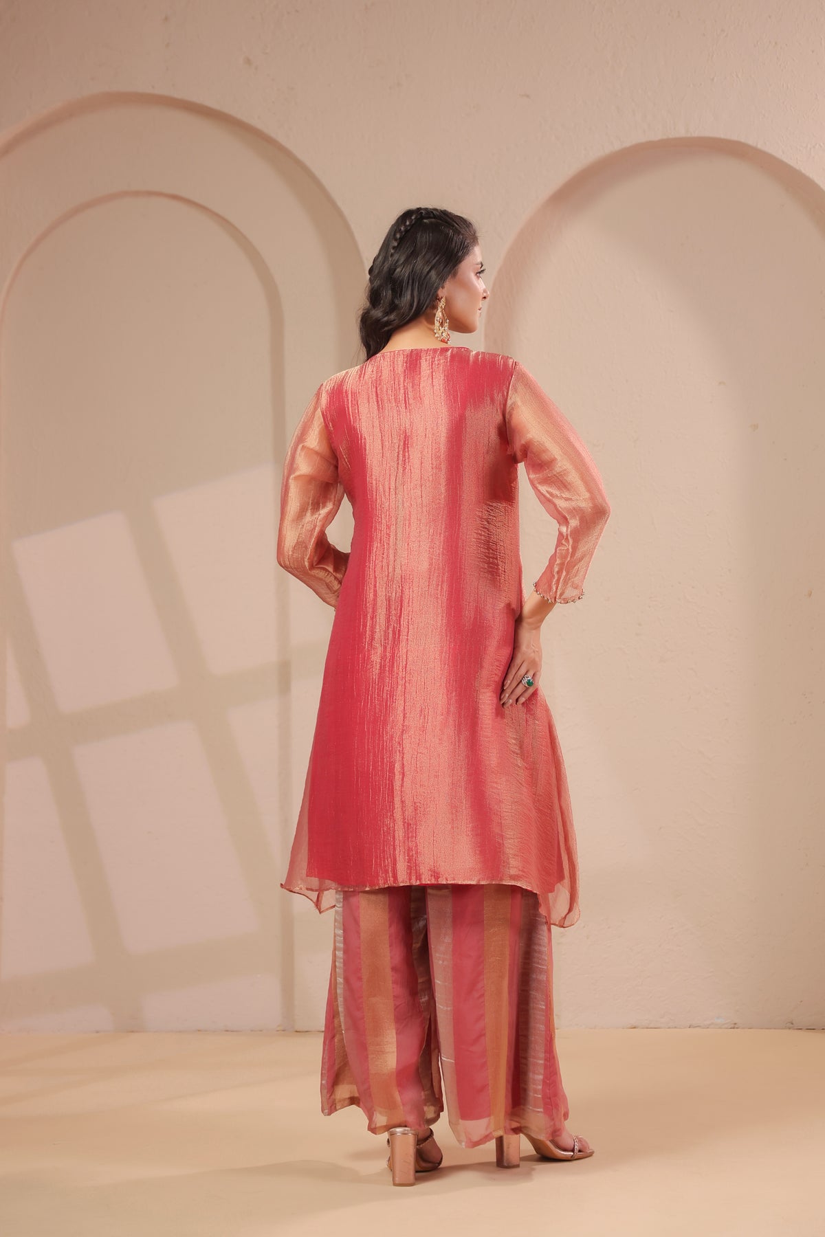 Coral Pink Embellished Organza Silk Palazzo Set