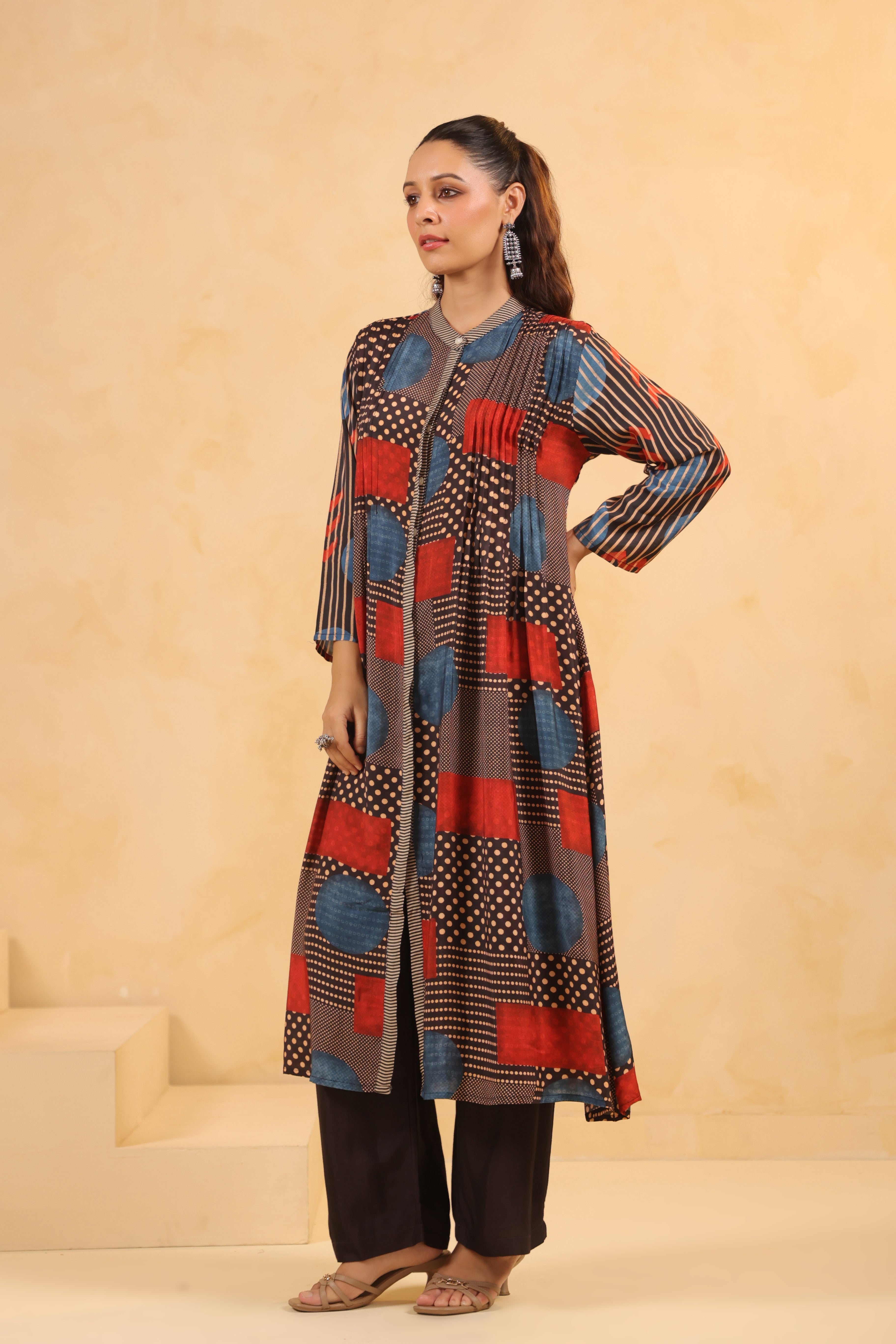 Multi Color Geometric Print Crepe Silk Kurta Set