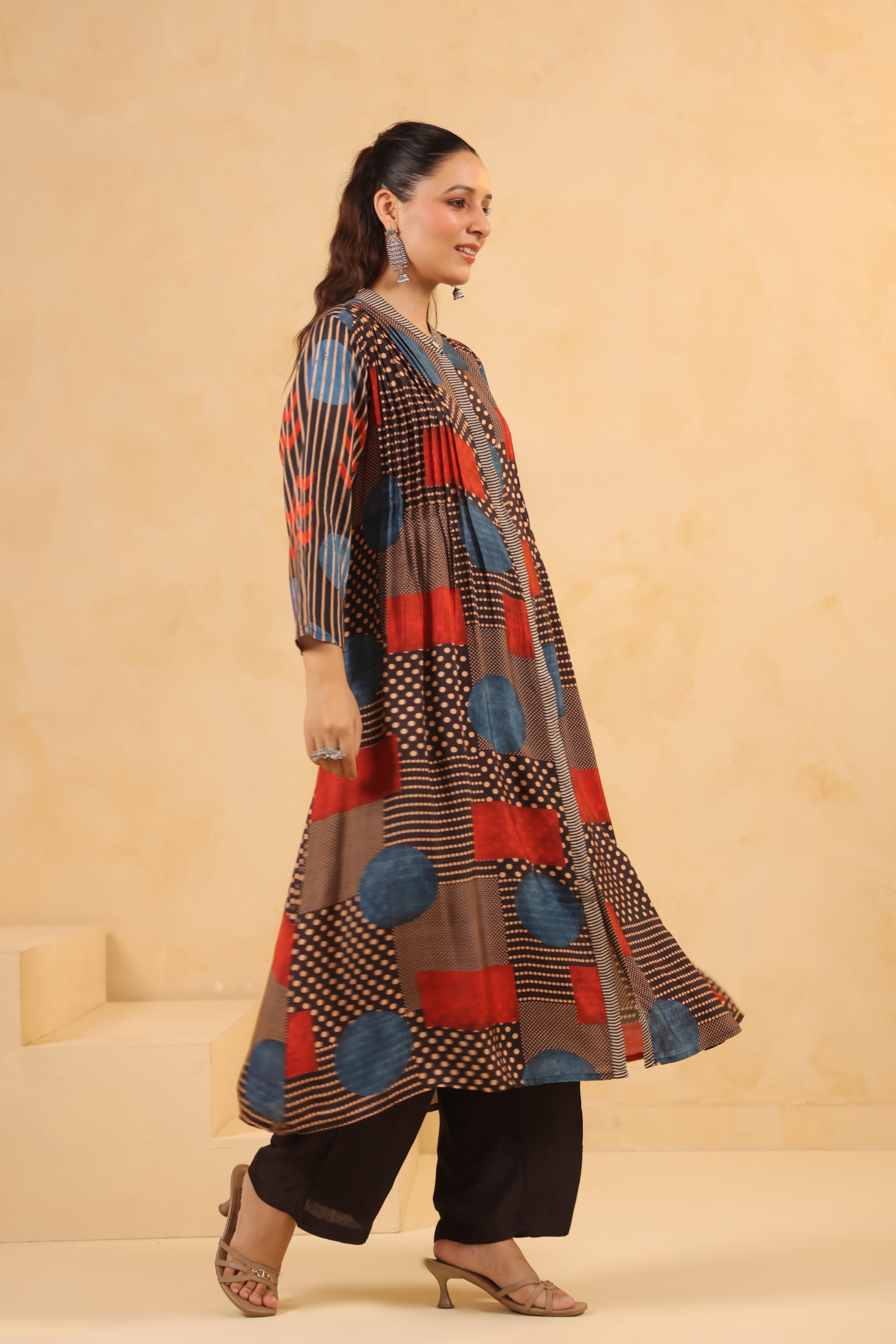 Multi Color Geometric Print Crepe Silk Kurta Set