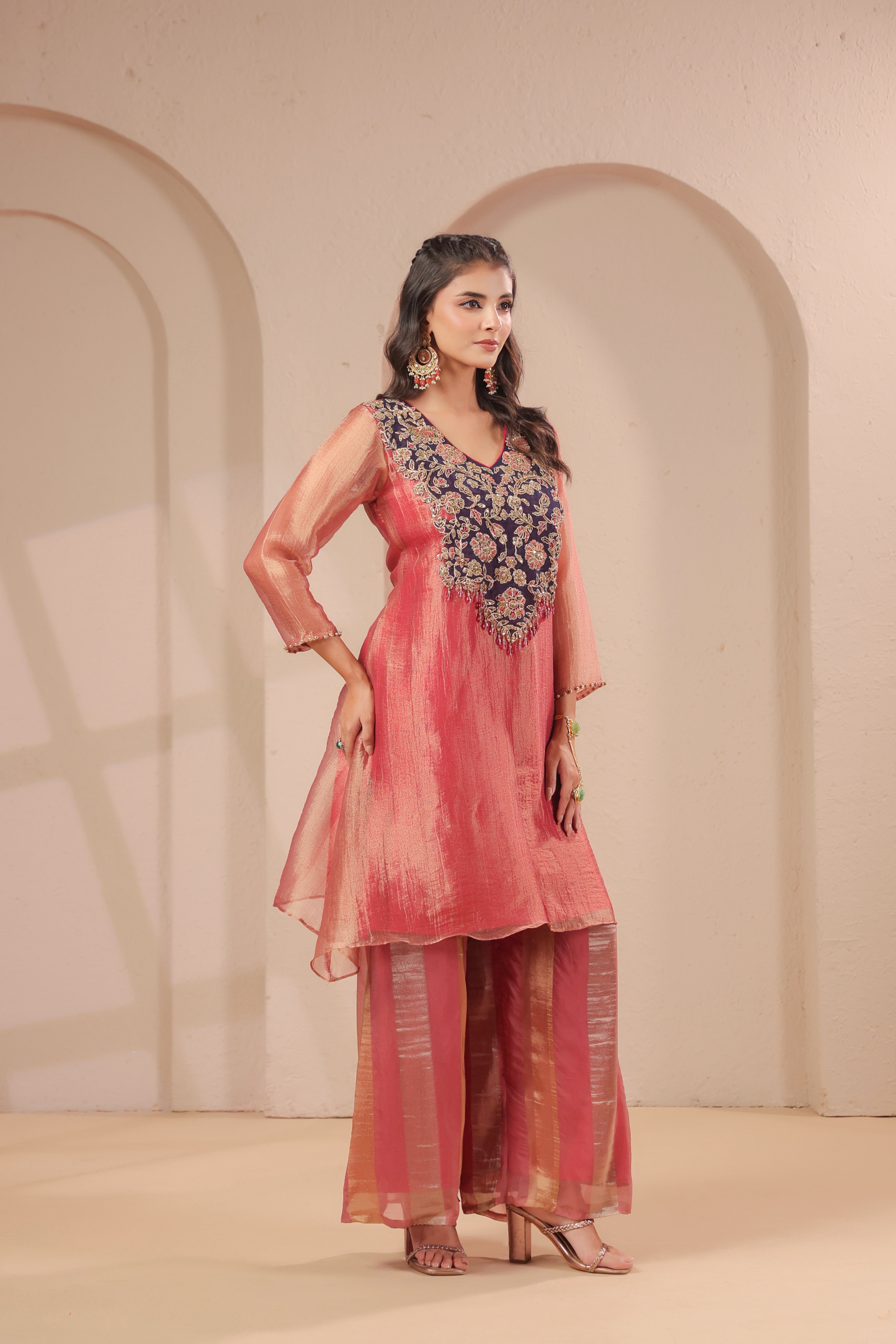 Coral Pink Embellished Organza Silk Palazzo Set