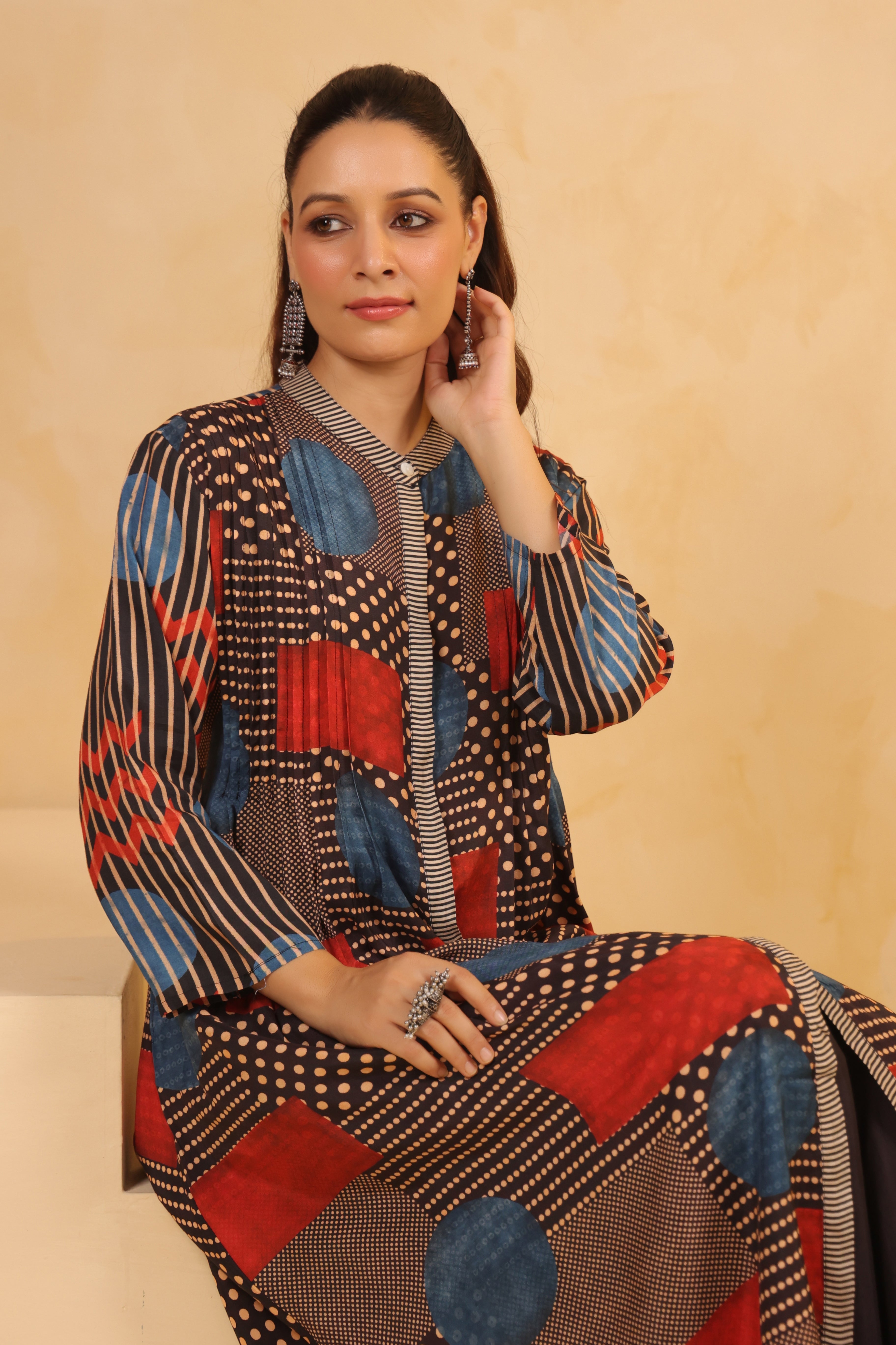 Multi Color Geometric Print Crepe Silk Kurta Set